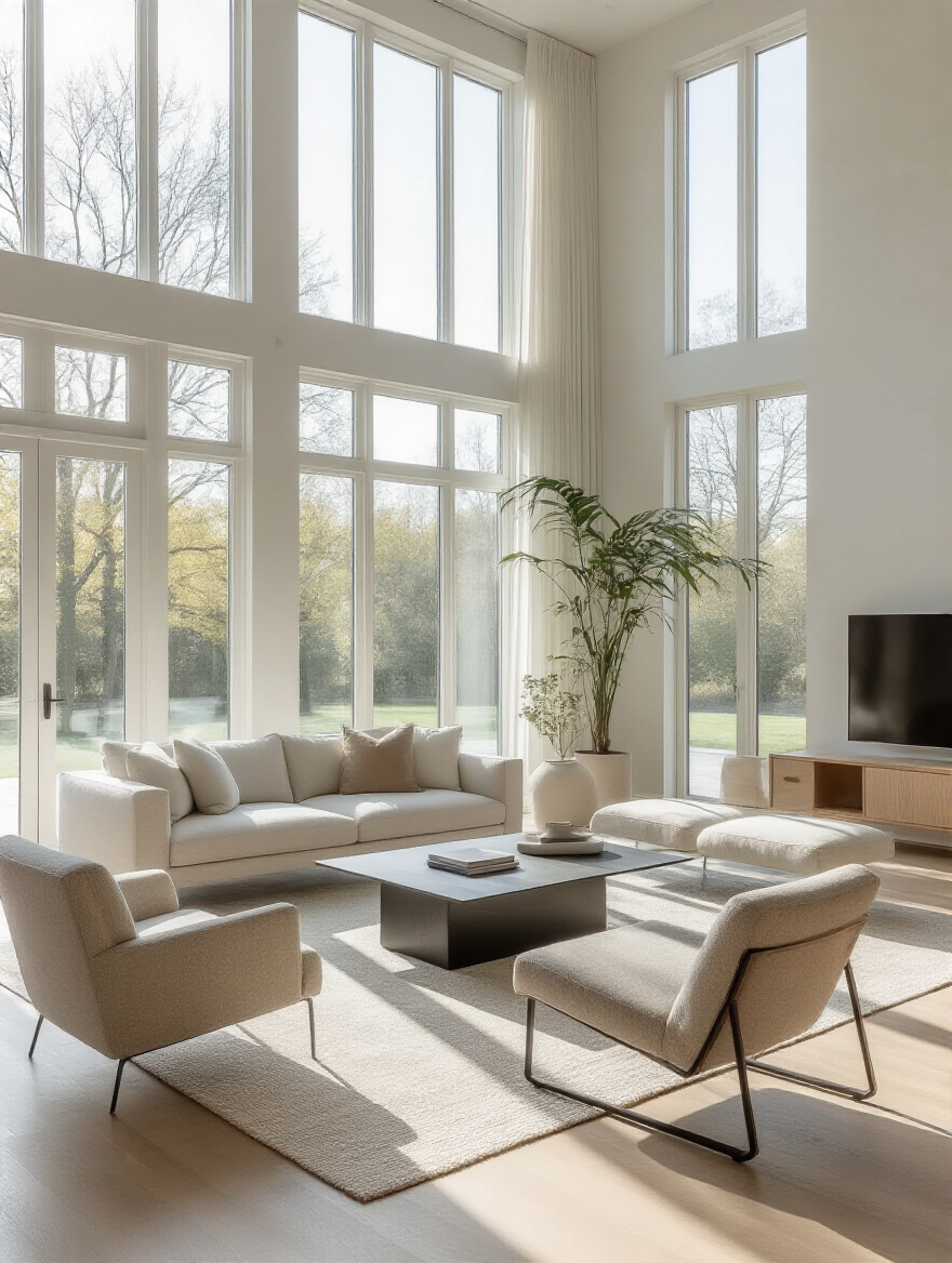 Modern living room with strategically placed furniture, creating open pathways and a spacious feel. A neutral-toned sofa, armchair, and coffee table are arranged for optimal flow, bathed in natural light, showcasing an organized and breathable layout.