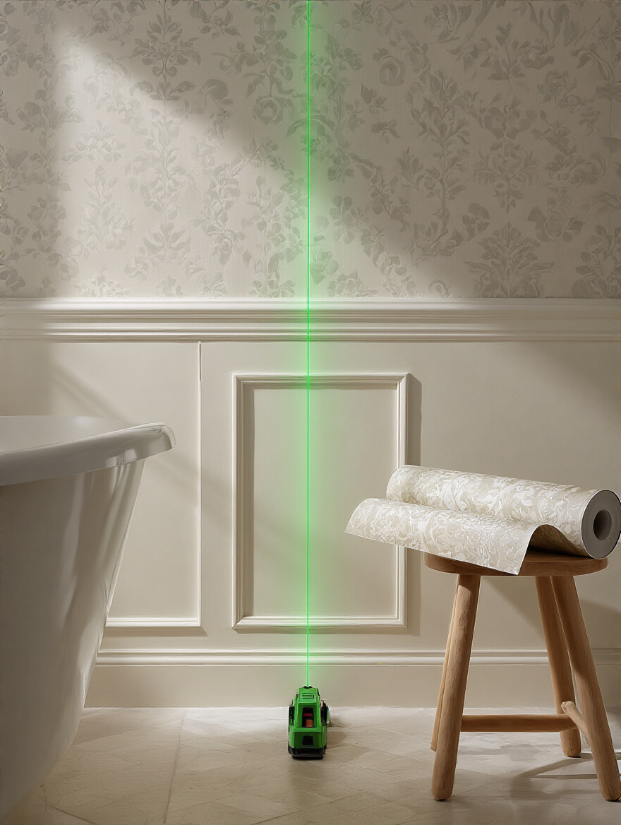 A modern bathroom half-wall with a laser level projecting a vertical line, illustrating the strategic planning for the first wallpaper strip placement.