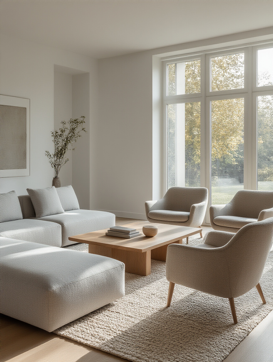 A modern living room designed with optimal furniture placement, featuring a grey sofa, two armchairs, and a coffee table arranged for visual balance and clear pathways. Natural light fills the serene, thoughtfully arranged space.