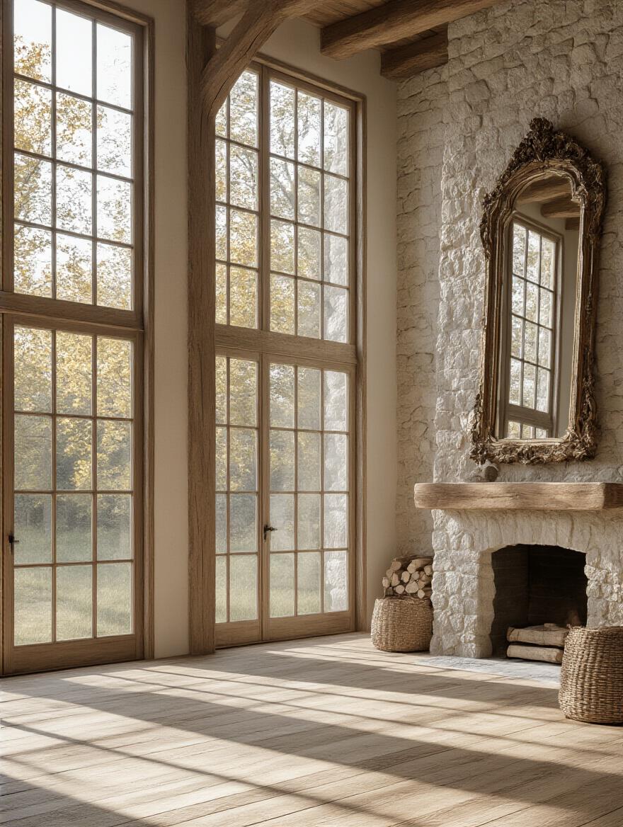 Rustic living room with abundant natural light streaming through large windows, a strategically placed ornate mirror, and light-colored furnishings, creating a bright and expansive atmosphere.