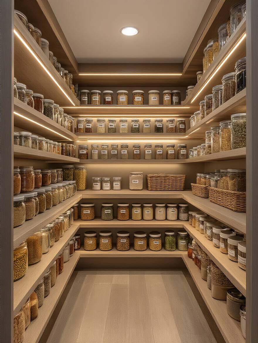Neatly organized kitchen pantry with clear labels, representing a system for shared family responsibility.