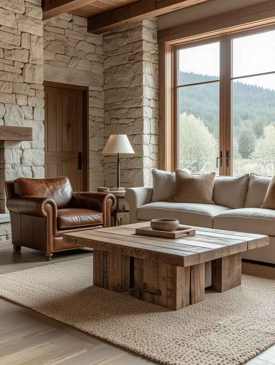 A rustic living room featuring a reclaimed wood coffee table, distressed leather armchair, wool sofa, and a natural stone accent wall, showcasing durable and low-maintenance materials for longevity.