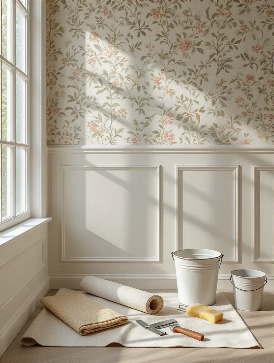 Meticulously prepared and primed bathroom half-wall with professional wallpaper installation tools neatly laid out, symbolizing proactive troubleshooting before wallpaper application.