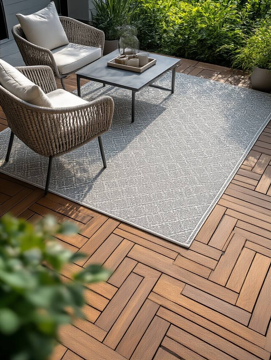 Elegant patio featuring a stylish outdoor polypropylene rug under lounge chairs next to interlocking wood composite patio tiles in a herringbone pattern, showcasing modern patio flooring upgrade ideas.