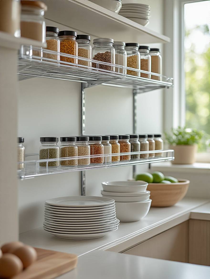 A beautifully organized kitchen pantry shelf featuring clear acrylic adjustable shelf risers holding spice jars and an expandable metal shelf stacking small plates, demonstrating efficient vertical space utilization.