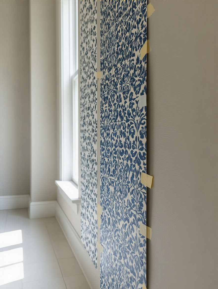Various wallpaper samples taped to a clean, white bathroom half wall, being evaluated for design and color harmony.