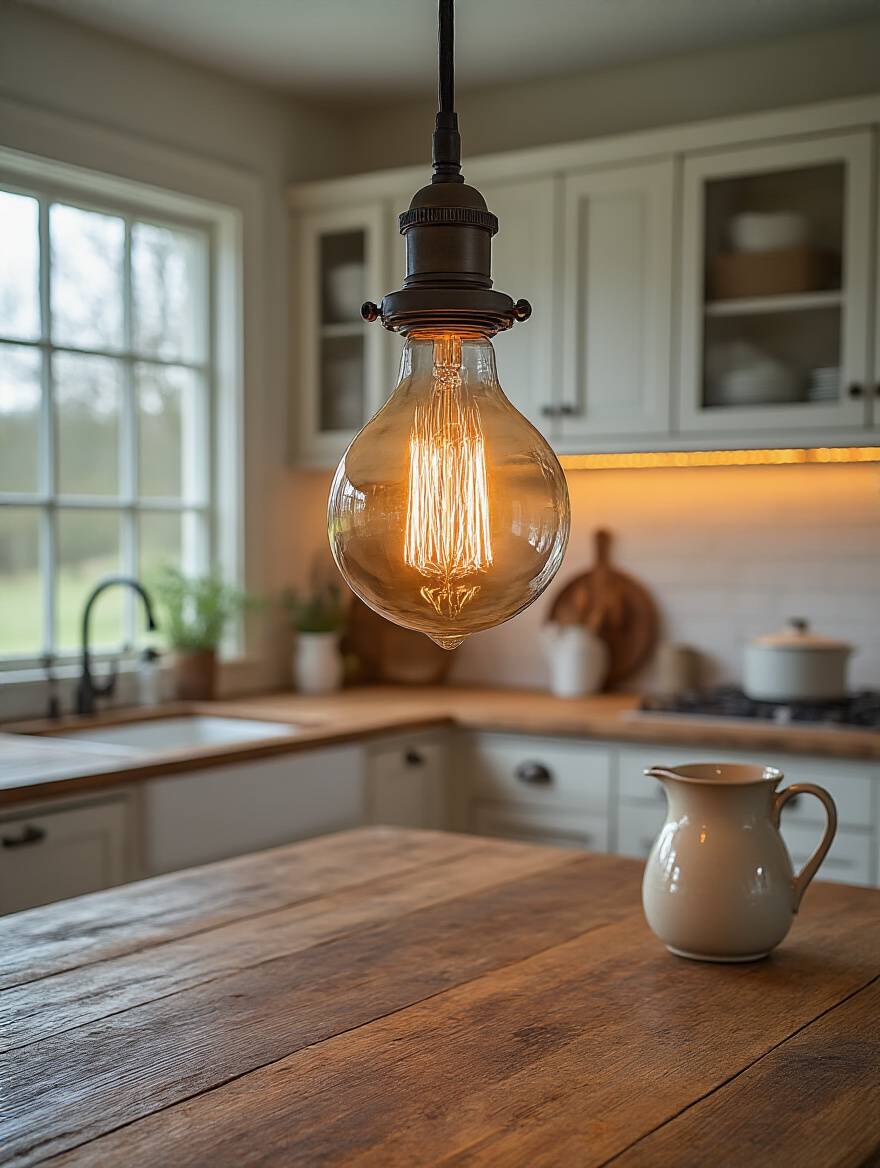 Farmhouse kitchen interior featuring exposed wooden beams and a vaulted ceiling, dramatically illuminated by warm, concealed architectural uplighting, enhancing texture and depth, no people.
