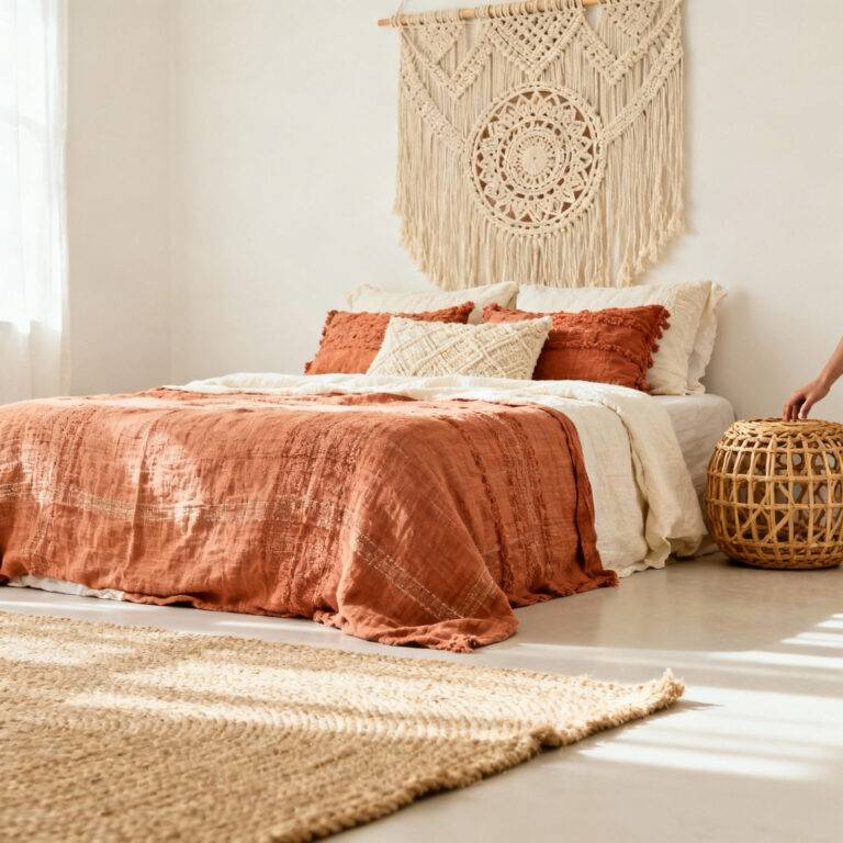 A boho bedroom featuring layered woven textures, including a jute rug, linen bedding, macrame wall art, and a rattan pouf, creating a warm and inviting atmosphere.