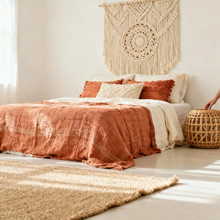 A boho bedroom featuring layered woven textures, including a jute rug, linen bedding, macrame wall art, and a rattan pouf, creating a warm and inviting atmosphere.