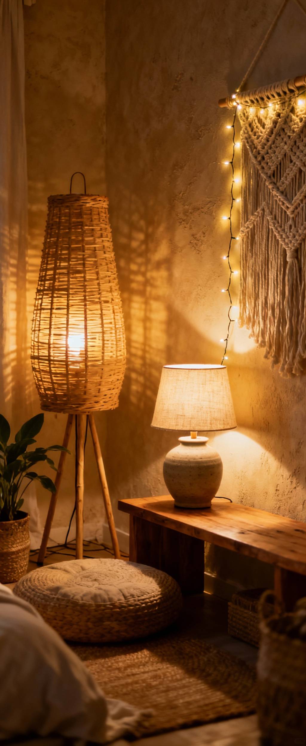 Boho bedroom corner with warm ambient lighting, featuring rattan floor lamp, ceramic table lamp, and string lights creating a cozy glow. Focus on natural textures.