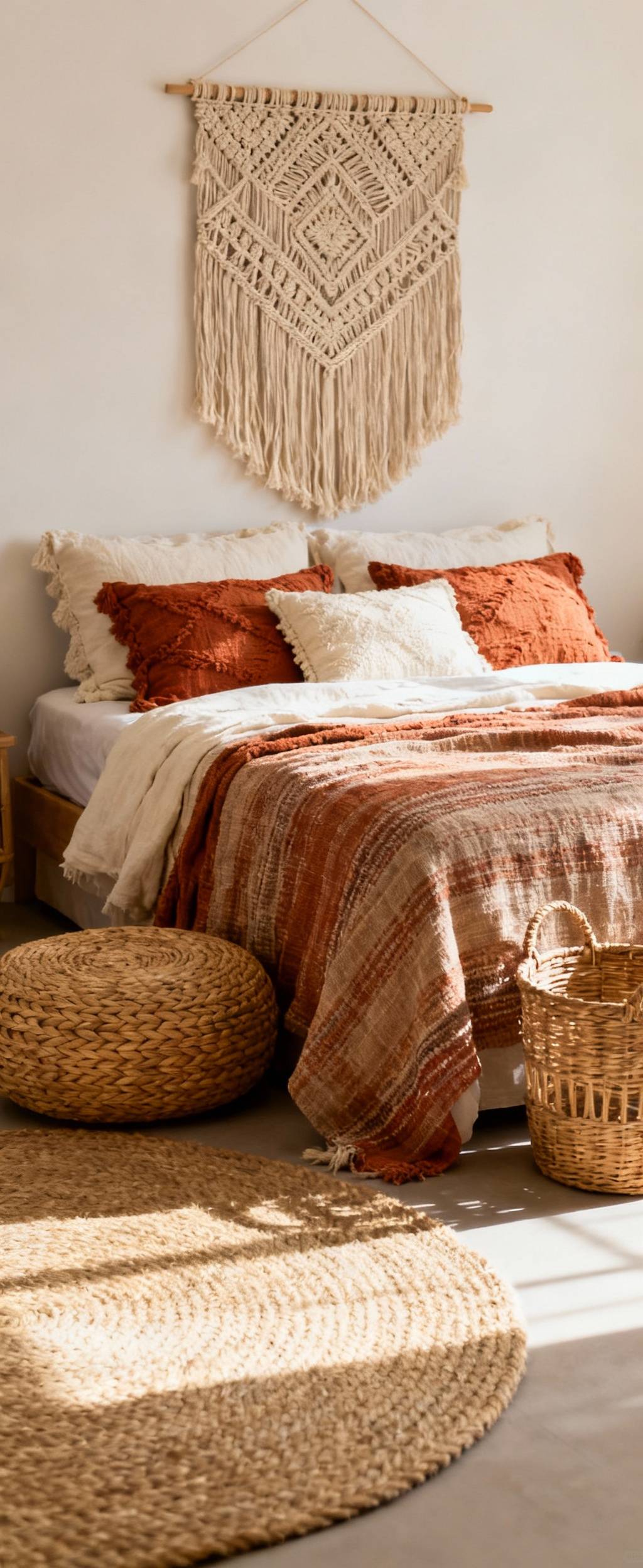 A boho bedroom featuring layered woven textures, including a jute rug, linen bedding, macrame wall art, and a rattan pouf, creating a warm and inviting atmosphere.