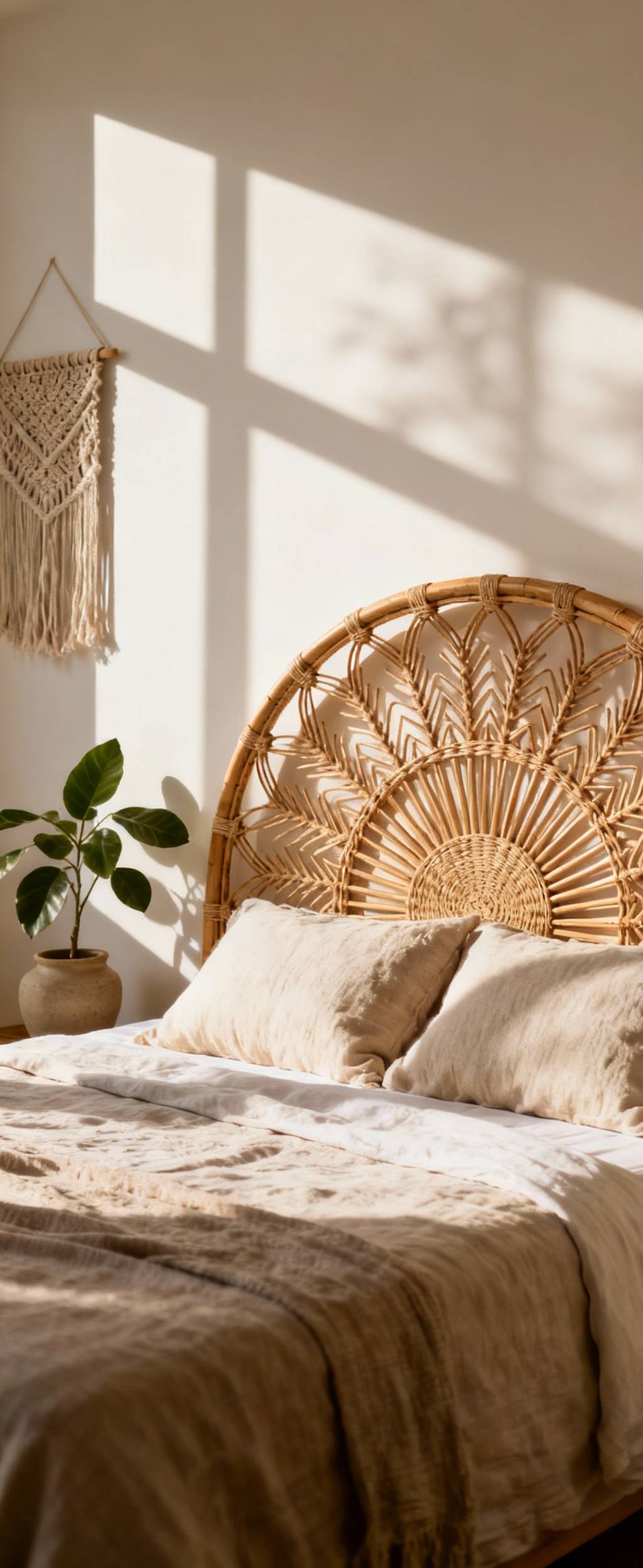 A serene bohemian bedroom featuring a bed with a large, intricately woven rattan sunburst headboard. Soft linen bedding in natural tones, a macramé wall hanging, and a potted plant complete the decor.