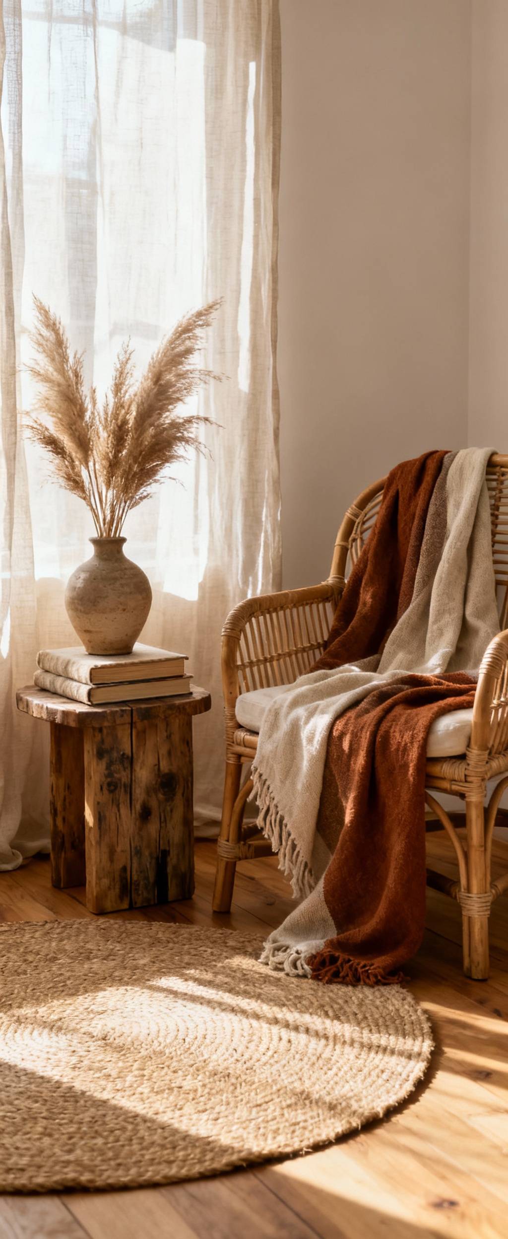 Boho bedroom corner with sustainable and ethically sourced decor including a jute rug, rattan chair, organic cotton throw, and reclaimed wood table with handcrafted ceramic vase.