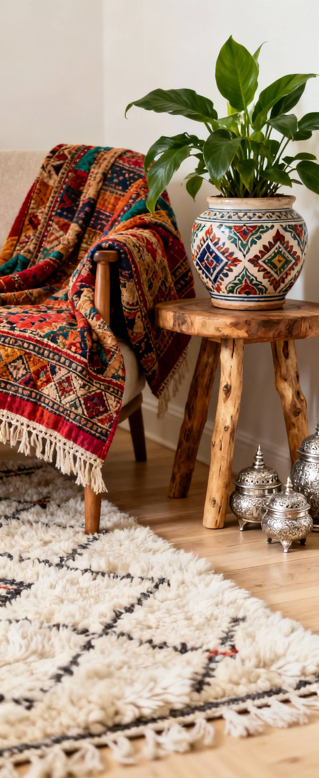 Close-up of a bohemian bedroom corner featuring a hand-knotted Beni Ourain rug, a patterned Kantha quilt, a hand-painted ceramic pot with a plant, and antique silver boxes, showcasing global artisan decor.