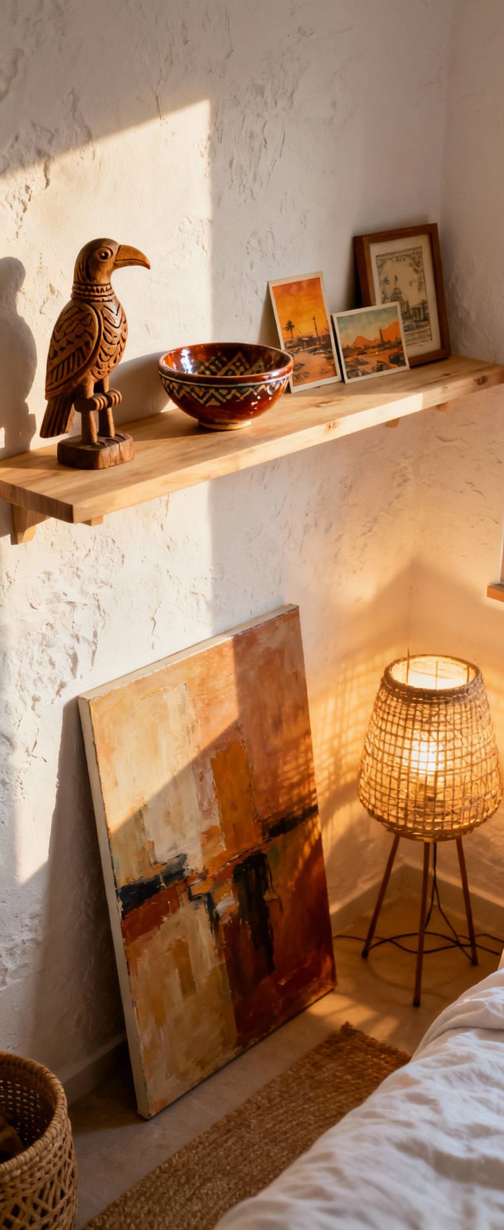 Boho bedroom decor featuring a curated display of travel mementos and unique art on a floating shelf and wall, showcasing personal narratives.