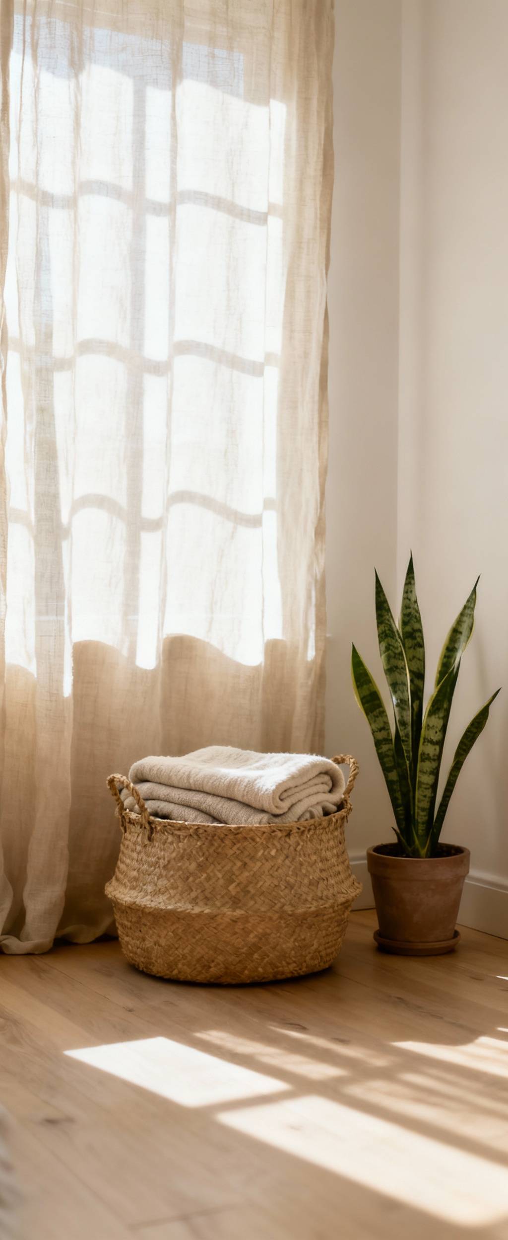 A beautifully organized and spacious boho bedroom corner featuring a natural jute basket with neatly folded throw blankets and a potted snake plant, bathed in soft morning light, reflecting a serene and decluttered environment.