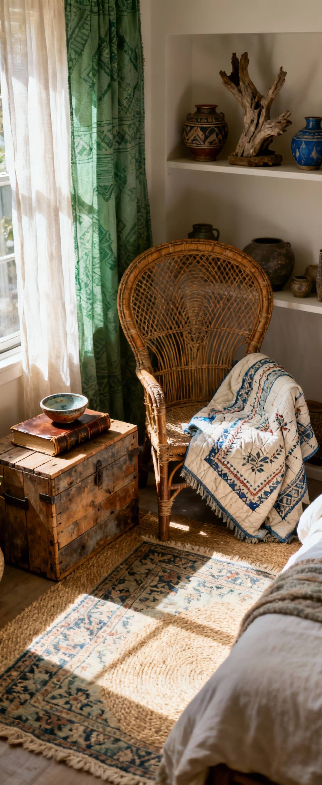 Boho bedroom with layered vintage Persian rug, rattan peacock chair, heirloom quilt, antique books, and global pottery, showing eclectic vintage decor.