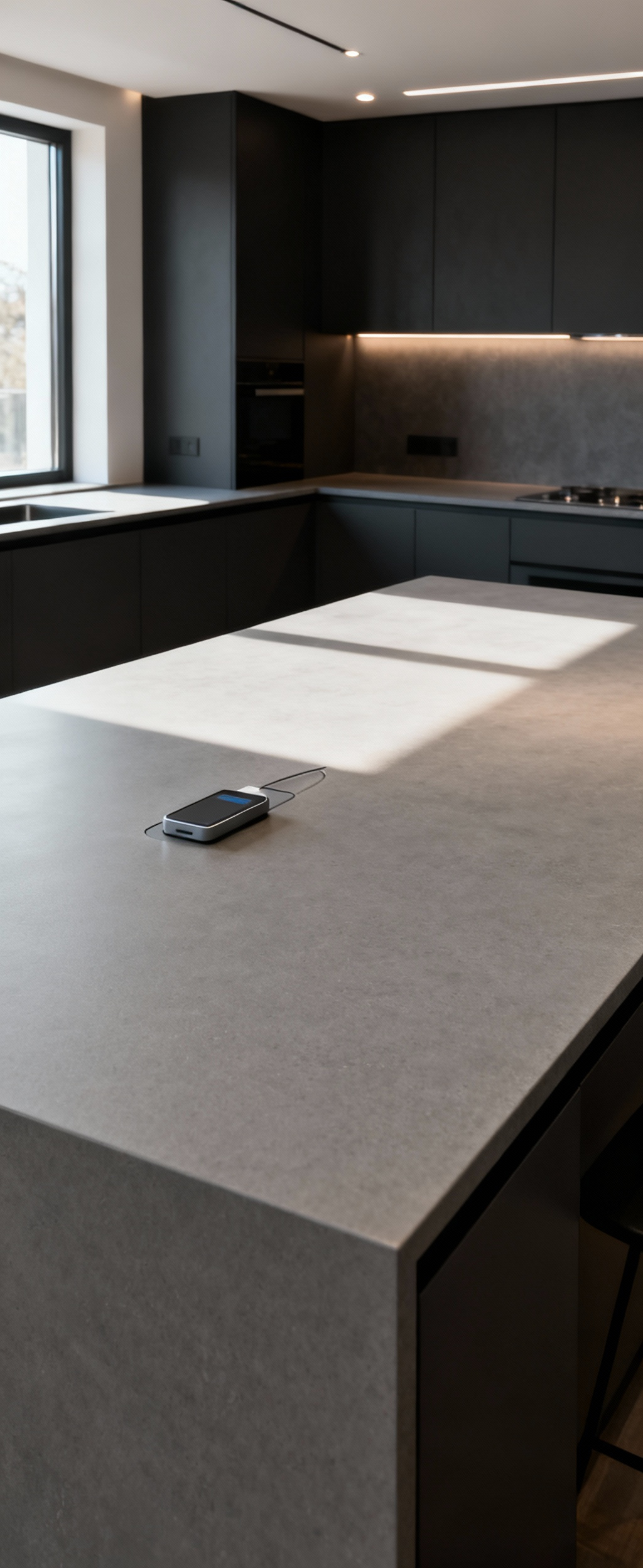 Portrait photo of a modern kitchen island with a durable, low-maintenance sintered stone countertop, minimalist design, and subtle integrated smart tech charger.