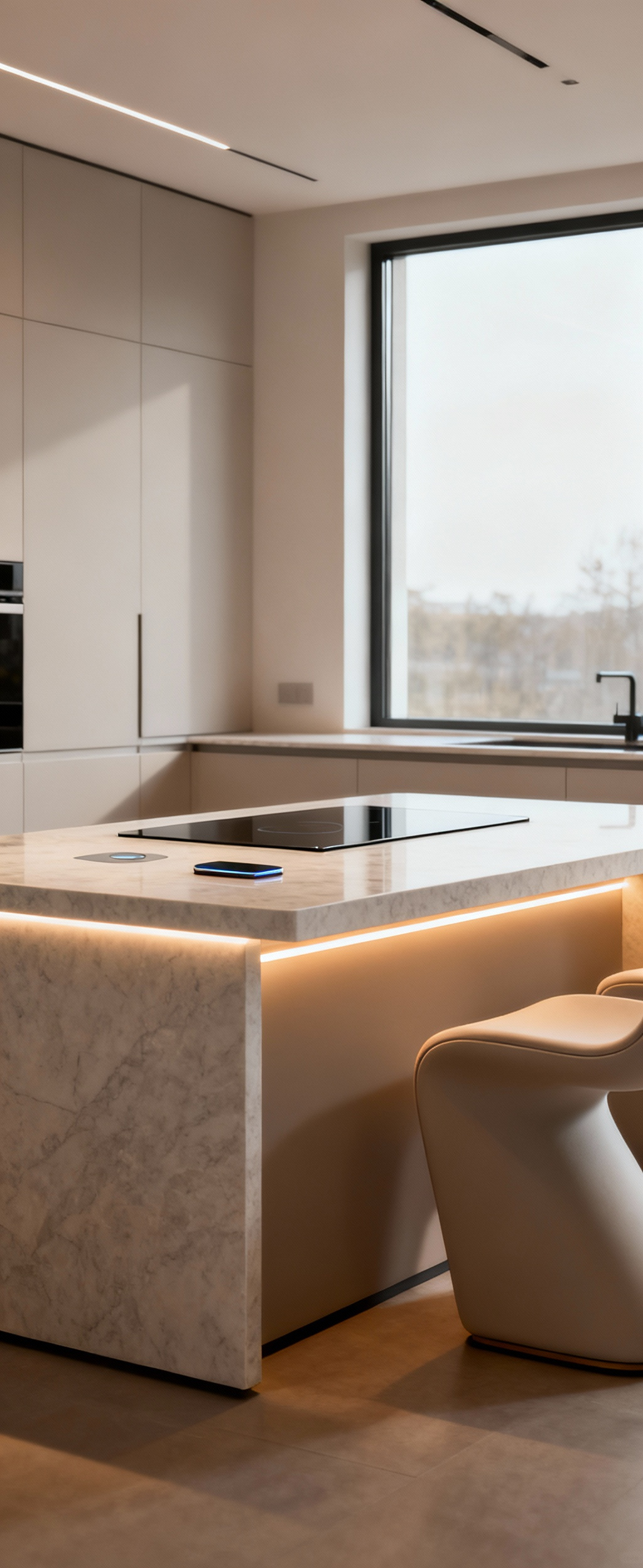 A modern kitchen featuring a sleek, multifunctional island with a light-colored quartz countertop and integrated ergonomic seating. The island includes an invisible induction cooktop, hidden wireless charging, and under-counter LED strip lighting, all set in a minimalist, naturally lit culinary space.