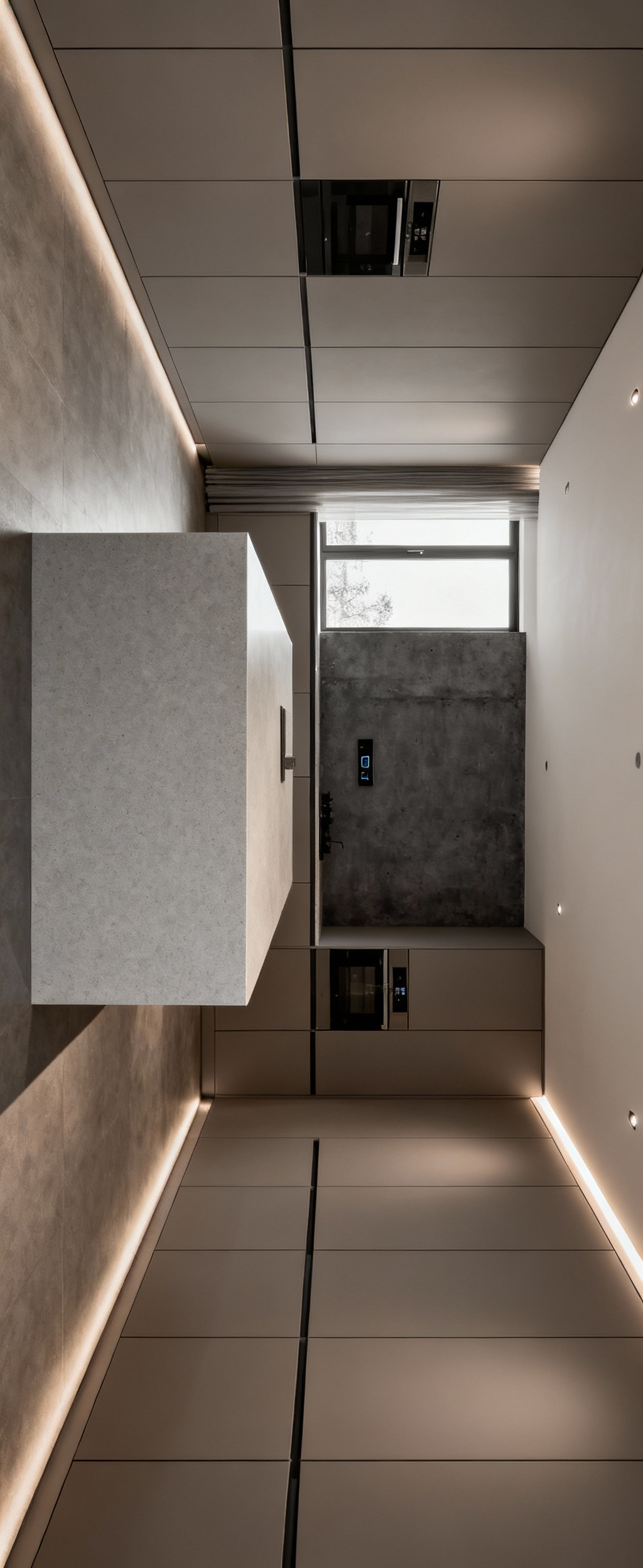 A modern kitchen featuring a monochromatic grey and taupe color palette, with matte cabinetry, polished quartz countertops, and a textured concrete wall, designed for a sophisticated and expansive feel.