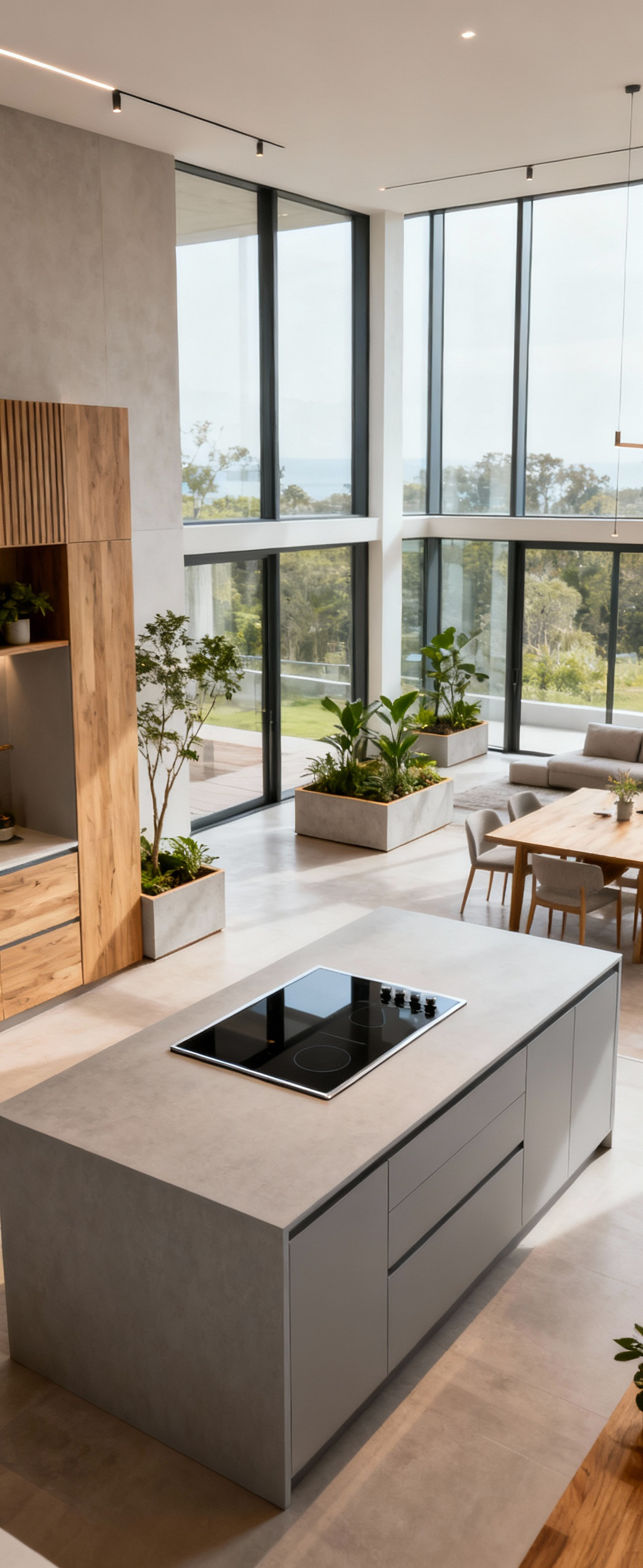 A bright and expansive modern open-concept kitchen with integrated living and dining areas, featuring clean lines, large windows, and a sleek central island for enhanced social interaction.