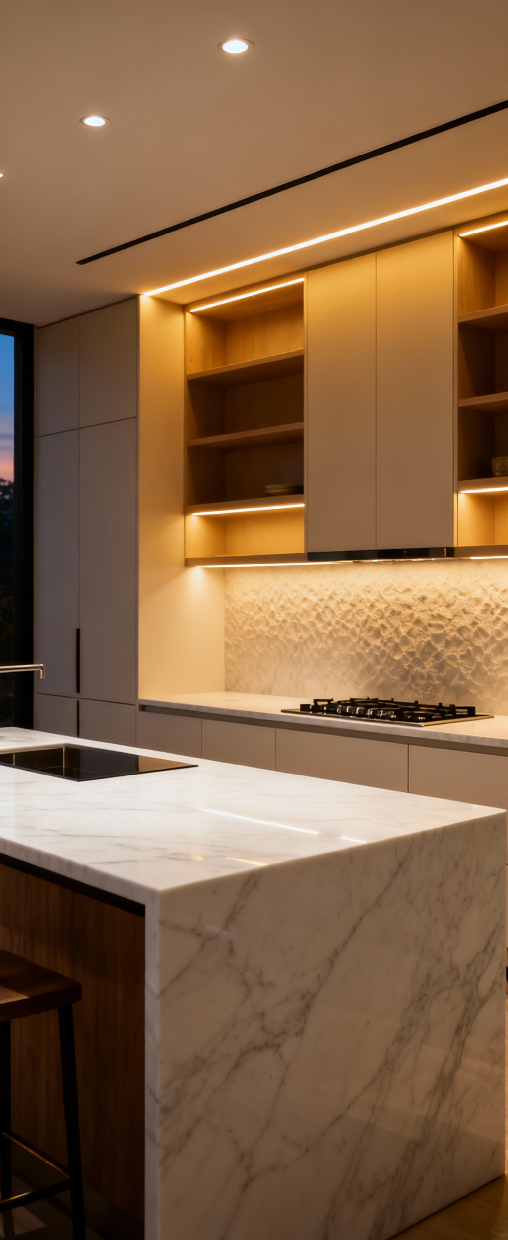 A modern kitchen showcasing strategic layered lighting with under-cabinet task lighting, recessed ambient lights, and accent lights highlighting design features, creating an inviting and functional space.