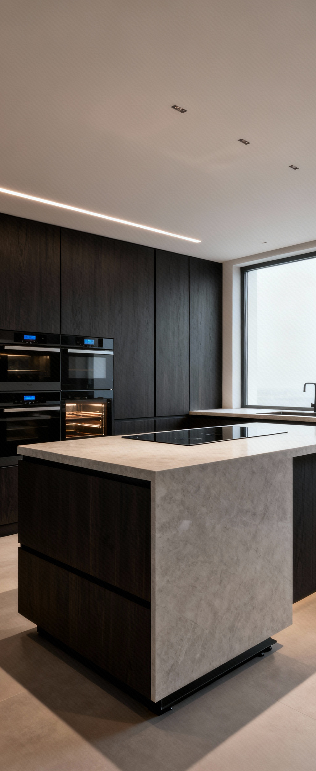 A modern kitchen showcasing ergonomic design with an adjustable-height island, touch-to-open cabinets, integrated smart appliances, and seamless layouts for enhanced usability.