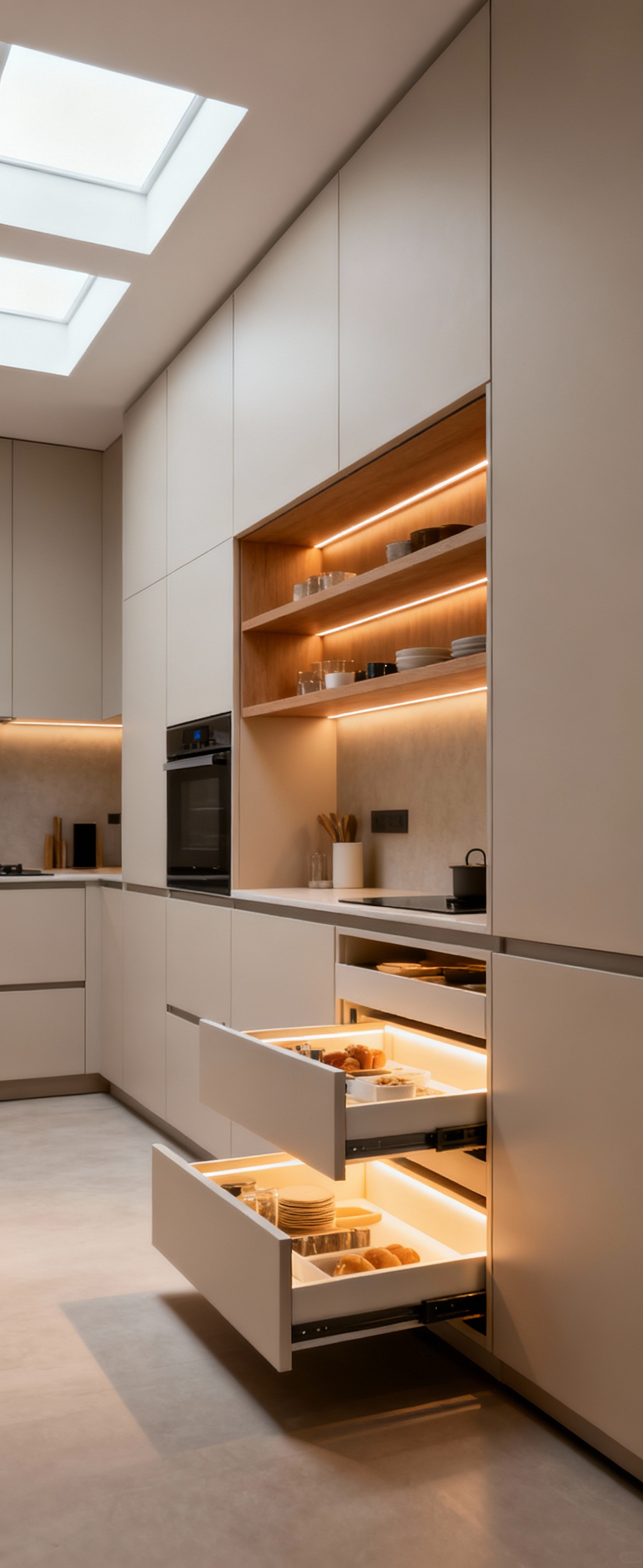 Modern kitchen with smart storage solutions, featuring handle-less cabinets, a pull-out pantry, and integrated organization for optimized space.