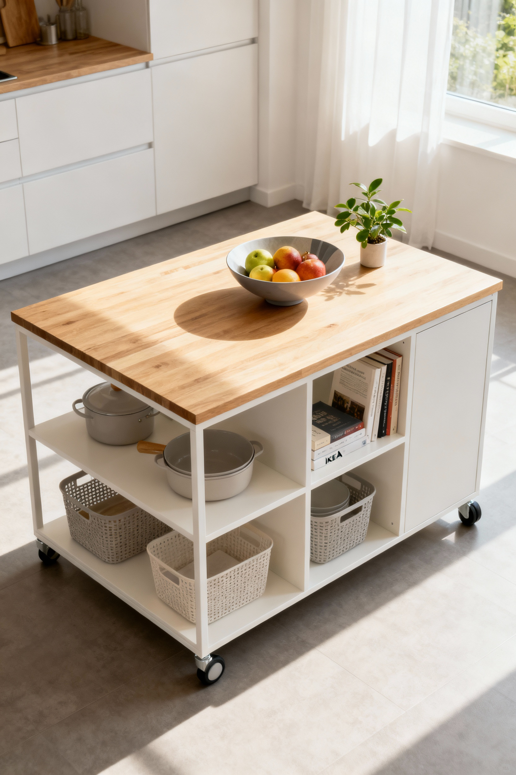 A modern kitchen featuring a repurposed IKEA Kallax unit with a wooden top and casters, serving as a mobile island with organized open storage, demonstrating multifunctional furniture hacks.