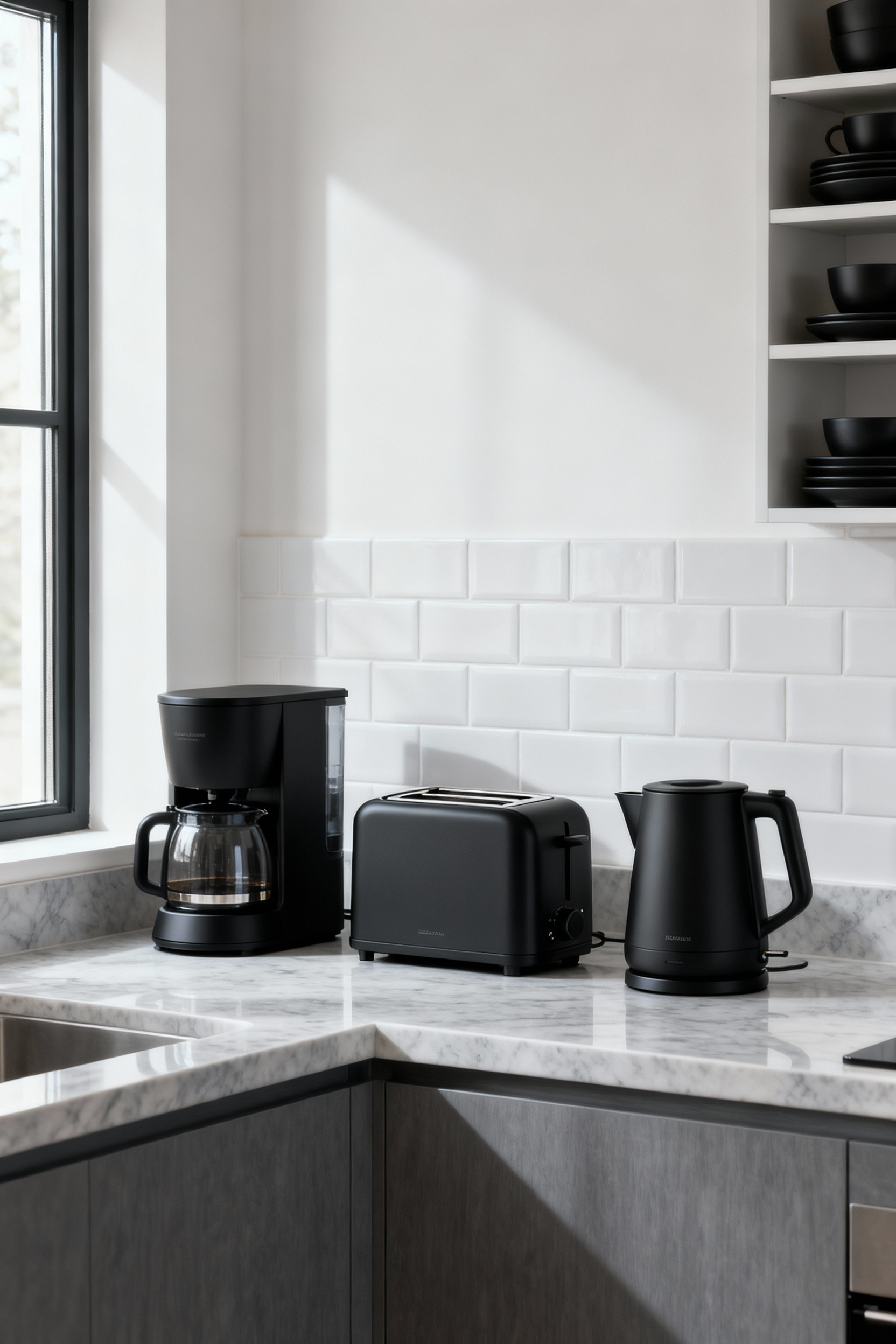 Kitchen countertop with a coffee maker, toaster, and electric kettle, all unified in matte black, illustrating seamless appliance color coordination for a sophisticated look.