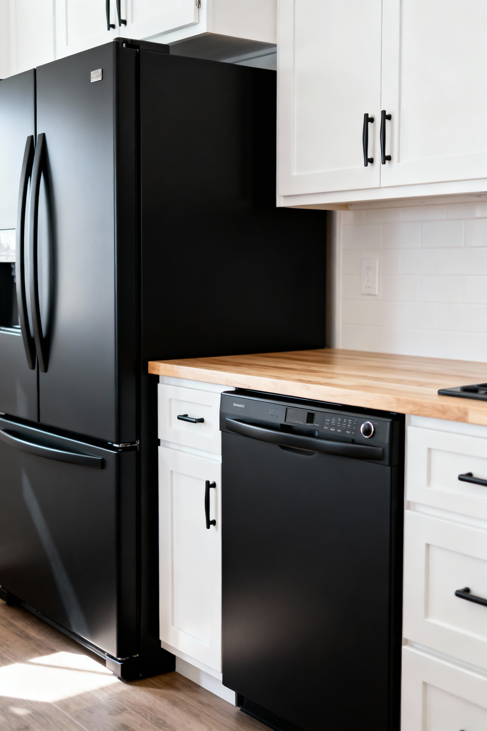 A modern kitchen with a refrigerator and dishwasher visually updated to matte black, creating cohesive appliance updates and a harmonious visual flow. Surrounded by white cabinets and light wood countertops.