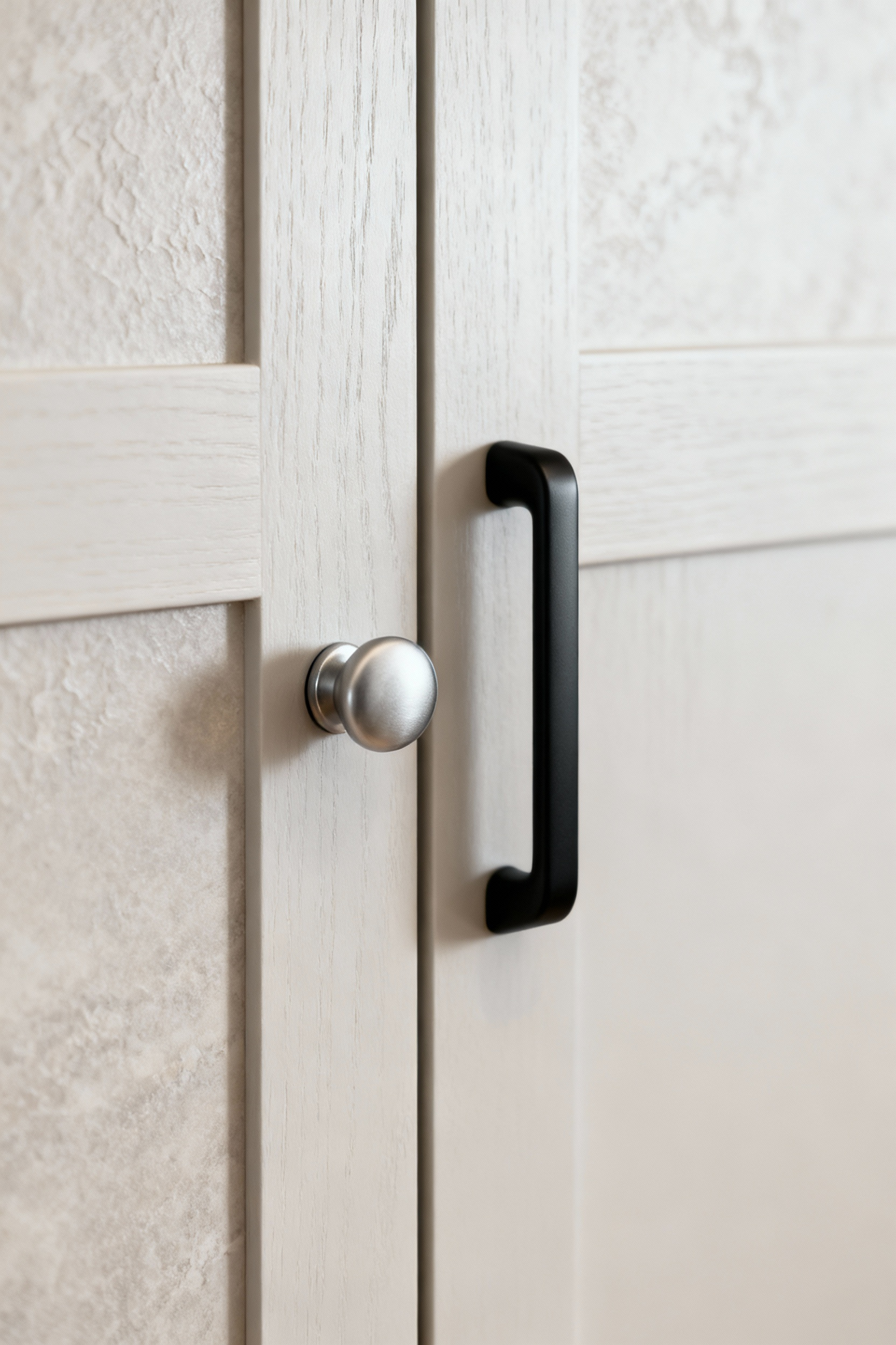 A kitchen cabinet door showcasing a 'before and after' effect, with an old silver knob on one side and a new black matte pull on the other, demonstrating a budget-friendly cabinet hardware swap.