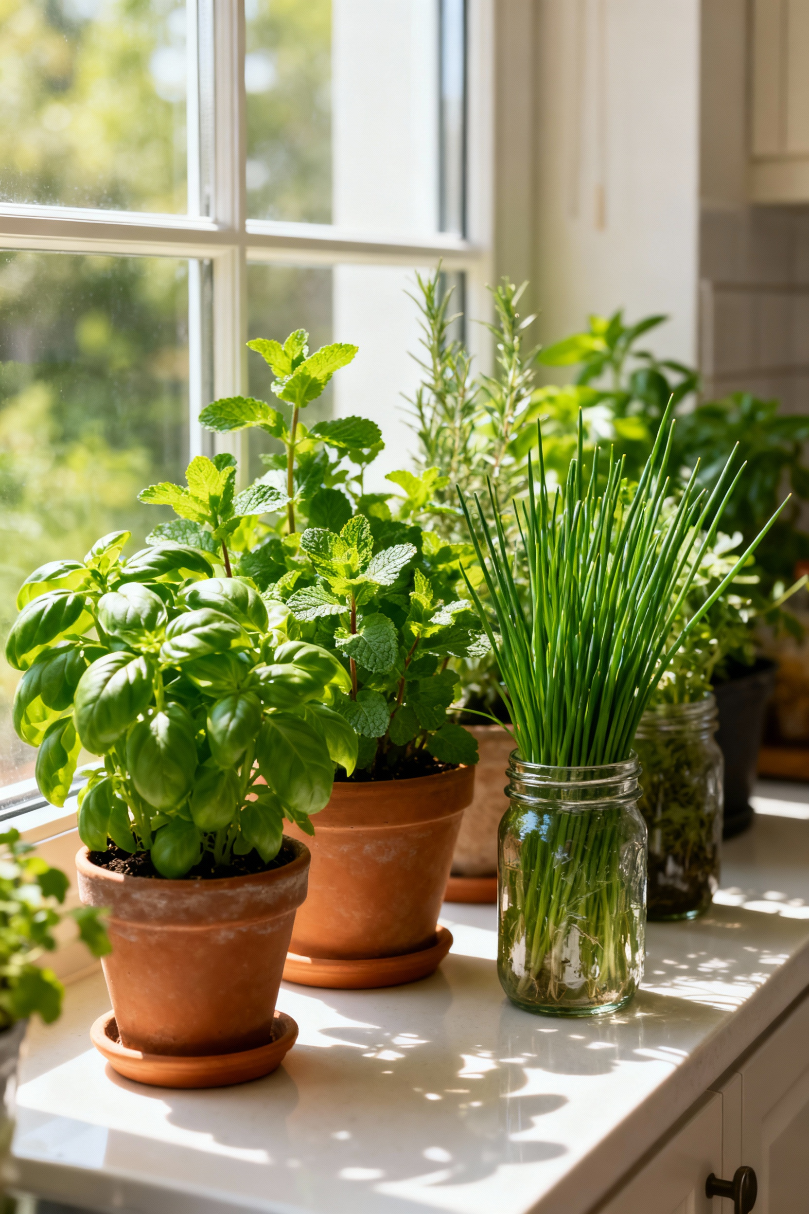 A collection of vibrant indoor herb gardens displayed on a sunny kitchen windowsill in various decorative pots.