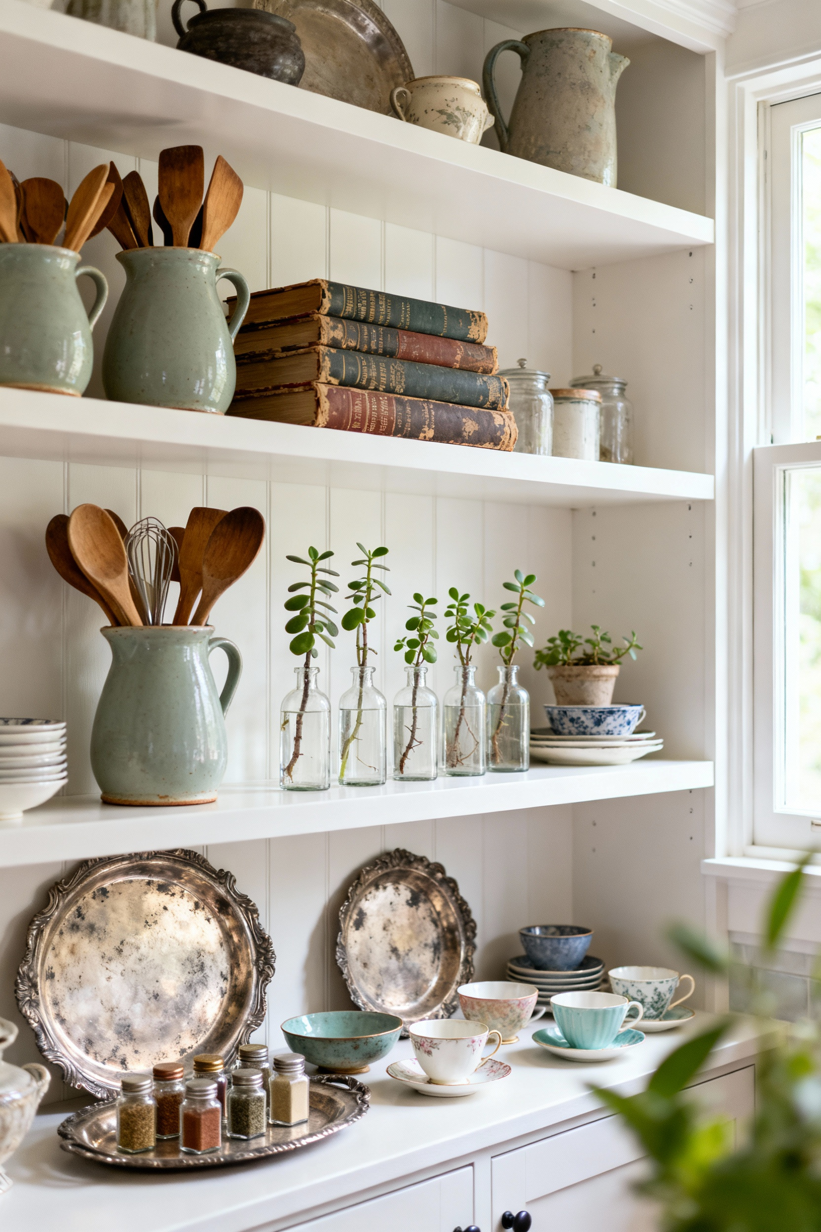 Kitchen open shelving styled with unique found objects, including vintage teacups, old bottles, and small green plants, creating an elegant and personalized decor display.