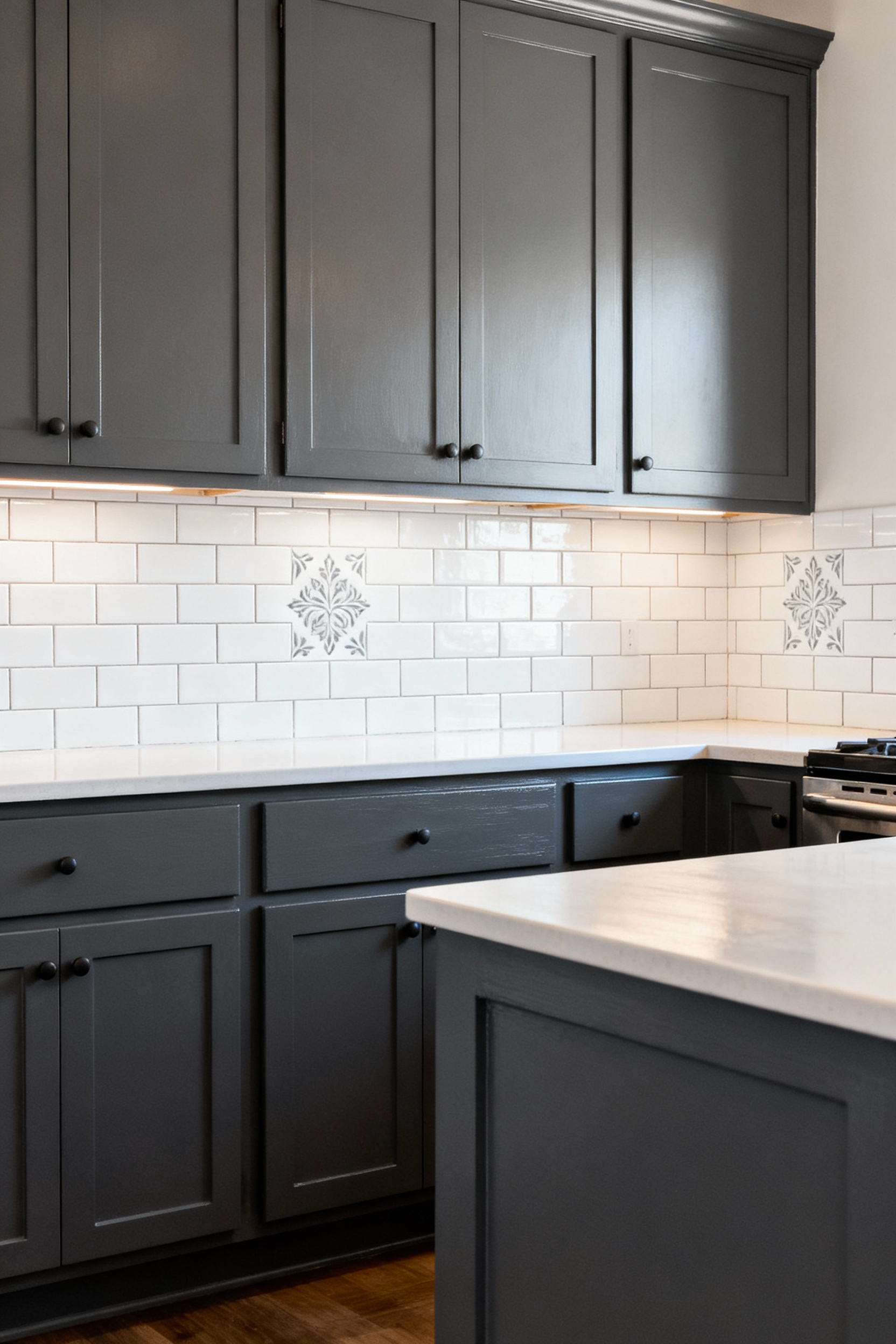 Freshly painted kitchen cabinets and an updated stenciled backsplash, showcasing a thoughtful paint application for renovated kitchen surfaces.