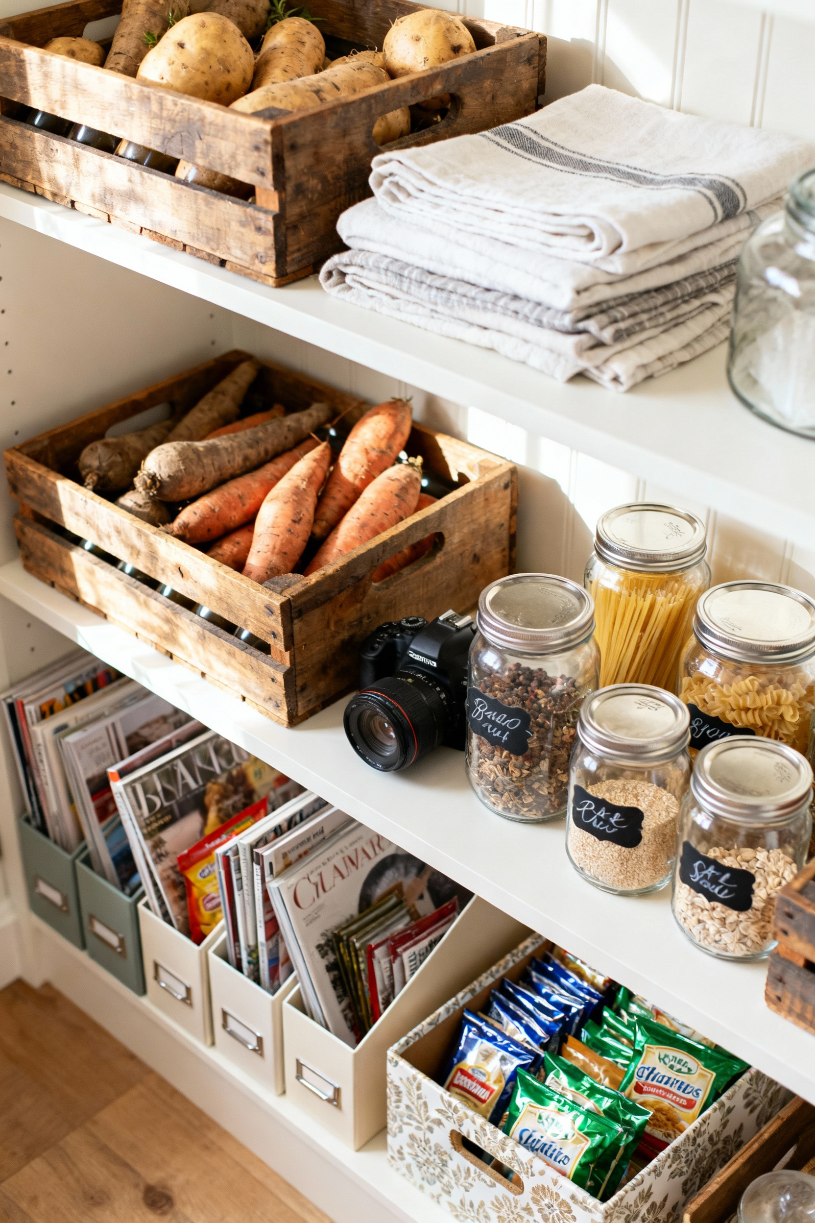 A neatly organized kitchen pantry showcasing various repurposed storage items like wooden crates for vegetables, labeled glass jars for dry goods, and decorated shoeboxes.