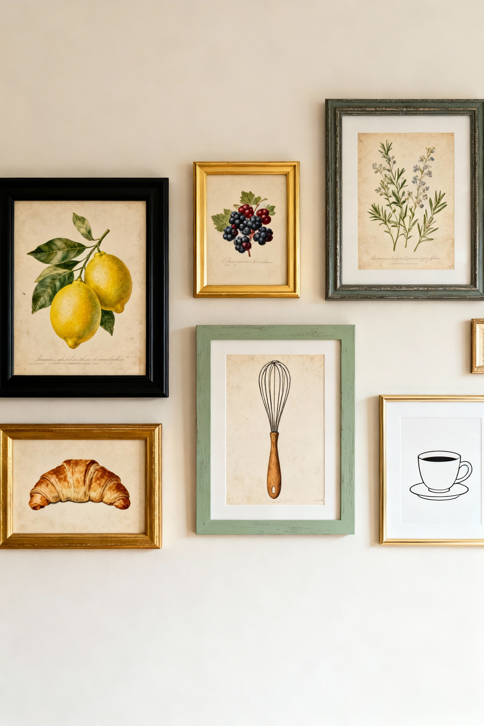 Close-up of a kitchen gallery wall filled with culinary art, including framed prints of botanical fruits, antique kitchen utensils, and food-themed line art. Frames are unified in matte black, gold, and sage green, set against a soft neutral wall.