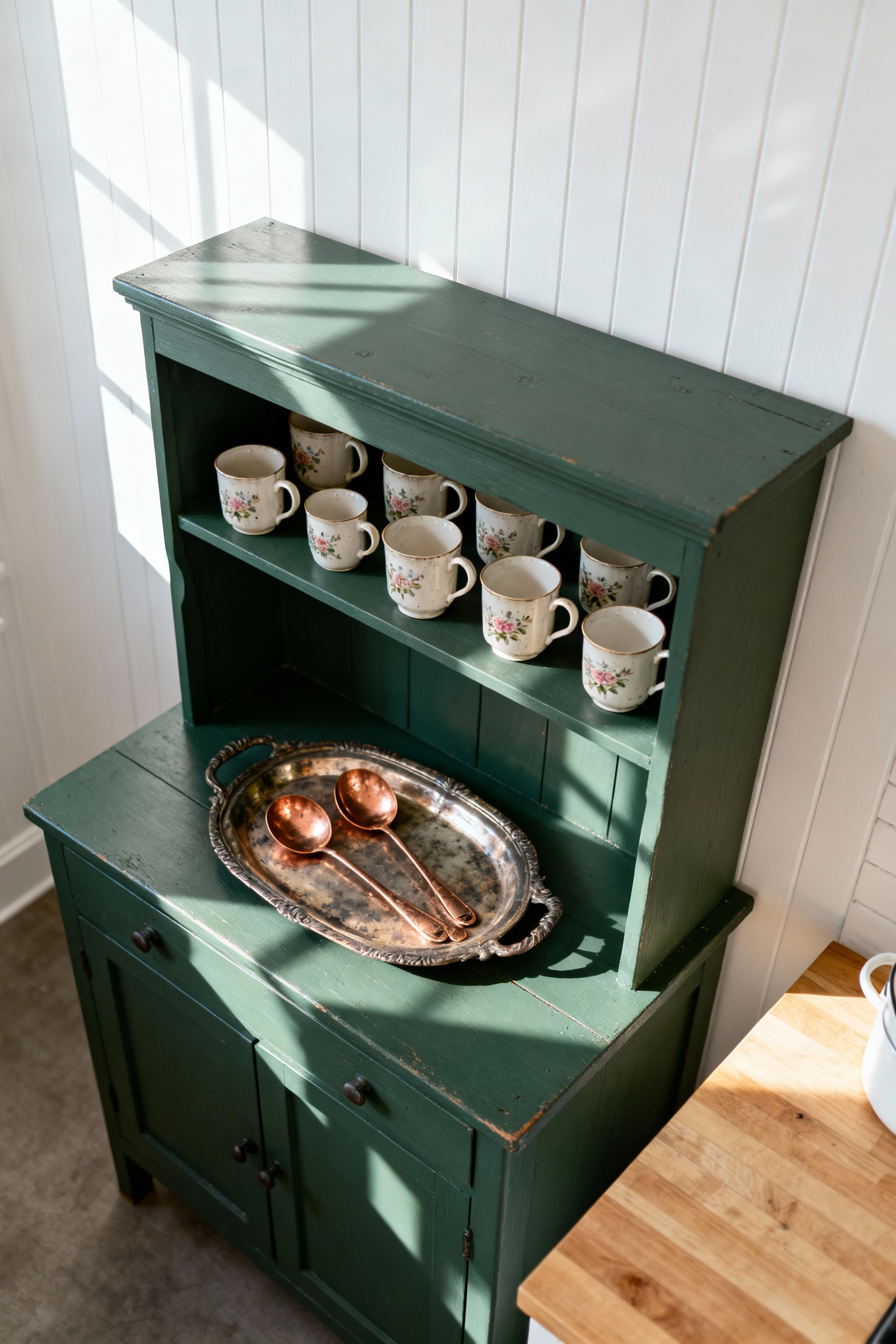 A kitchen vignette showcasing a sage green vintage hutch filled with antique ceramic mugs and copper utensils, demonstrating curated vintage kitchen decor.