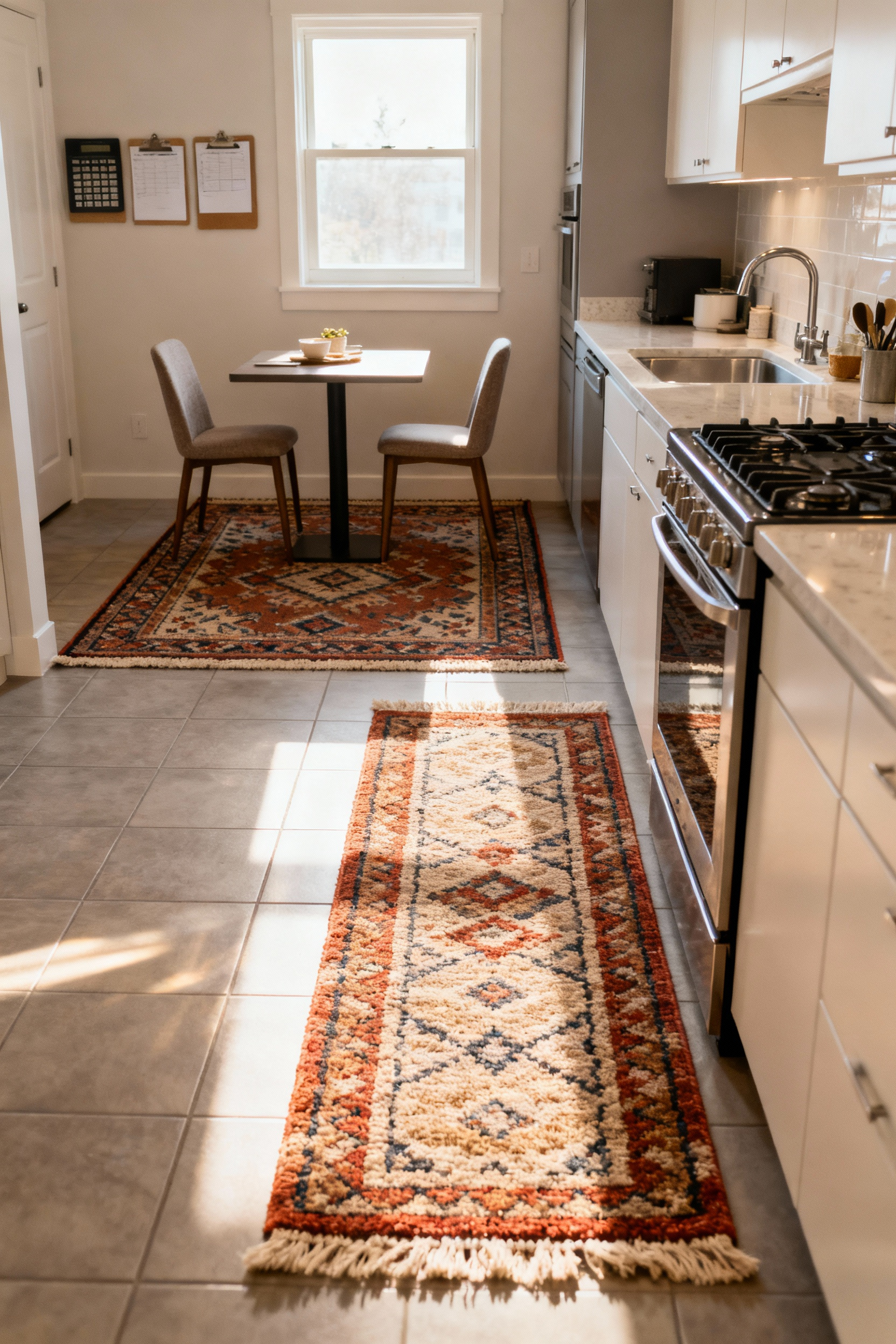 A modern, bright kitchen interior with two area rugs. One rectangular rug defines a breakfast nook, and a runner is in the cooking area. The rugs add color and texture, visually zoning the space.