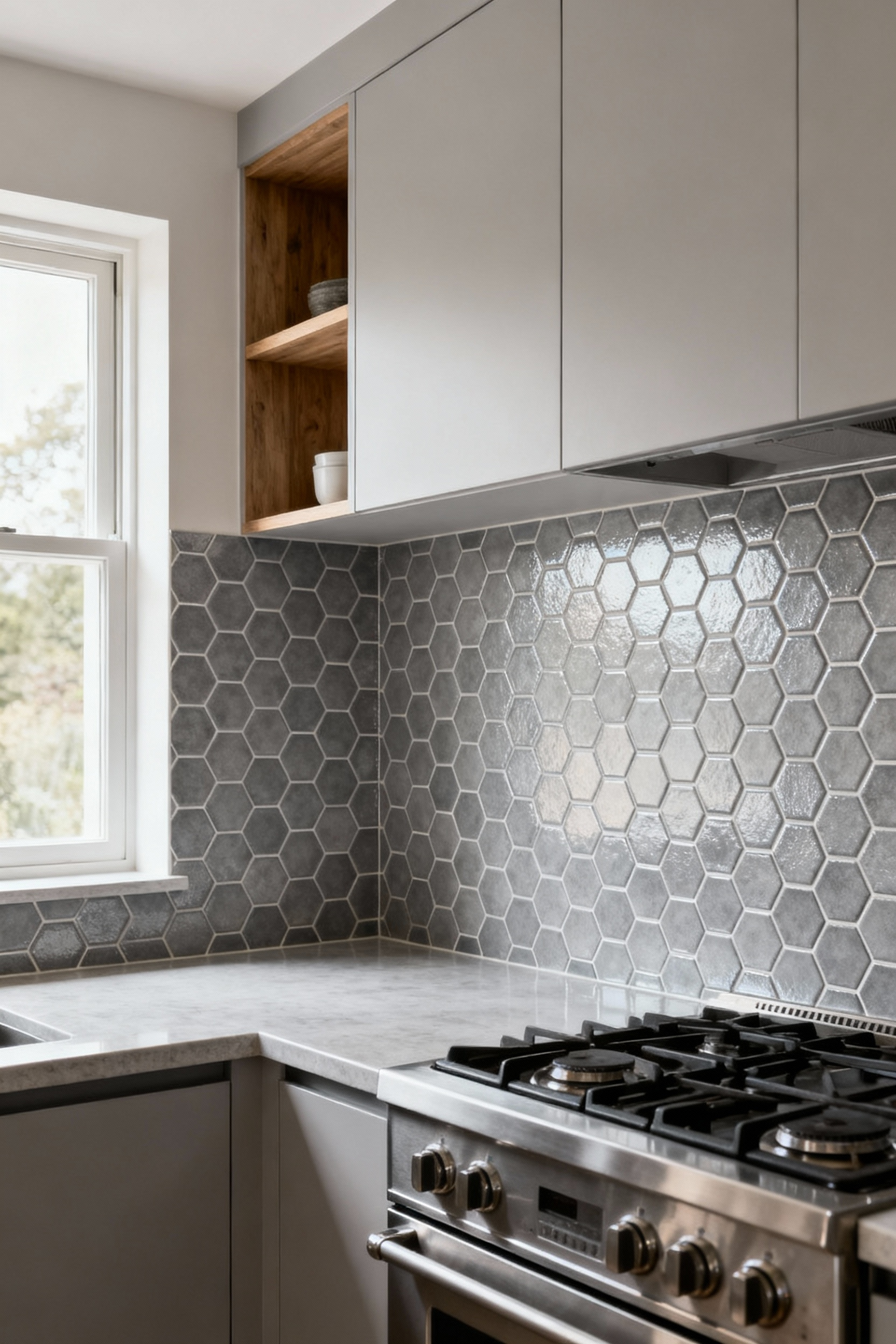Modern kitchen backsplash with hexagonal peel and stick tiles, featuring stainless steel appliances and natural lighting.