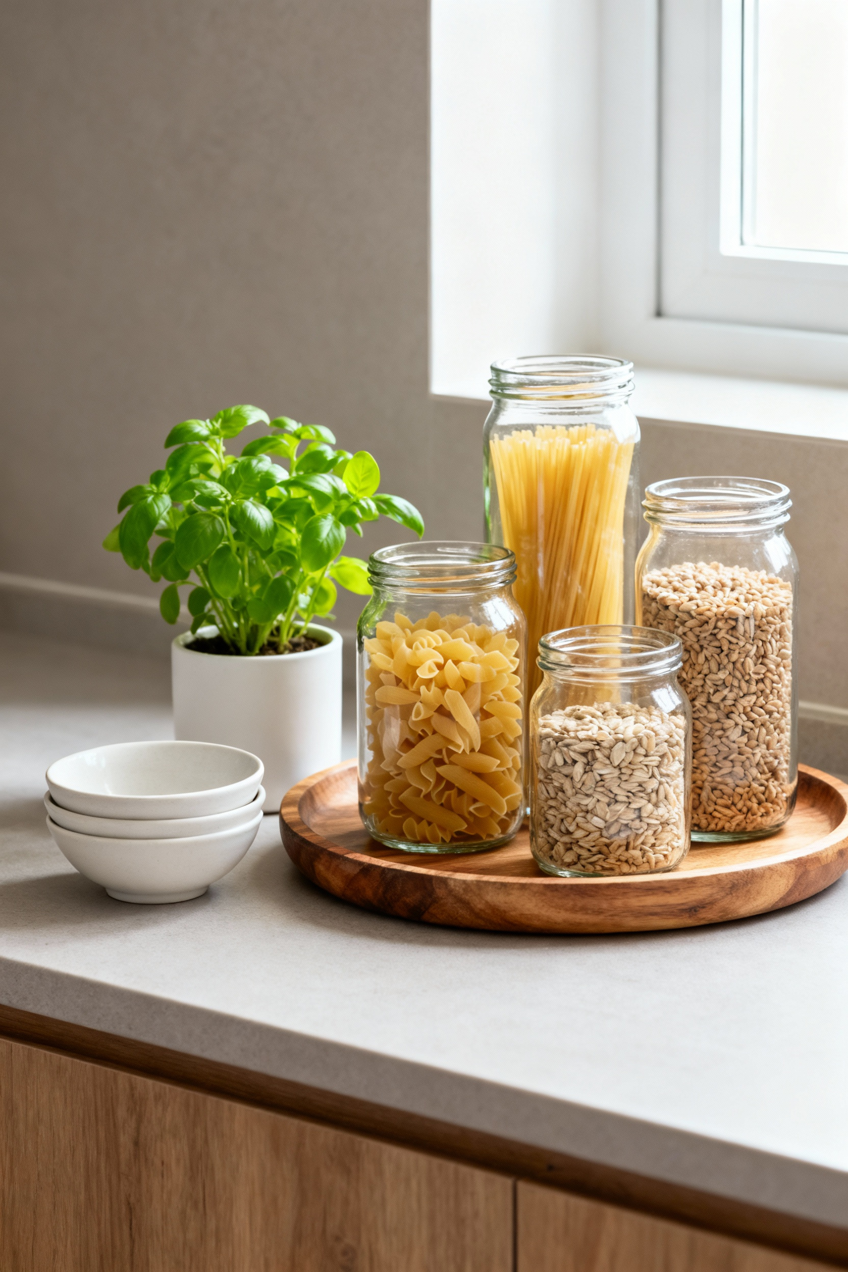 Organized kitchen countertop with clear glass jars for pantry staples, a plant, and ceramic bowls on a wooden tray, showing cohesive decluttering solutions.