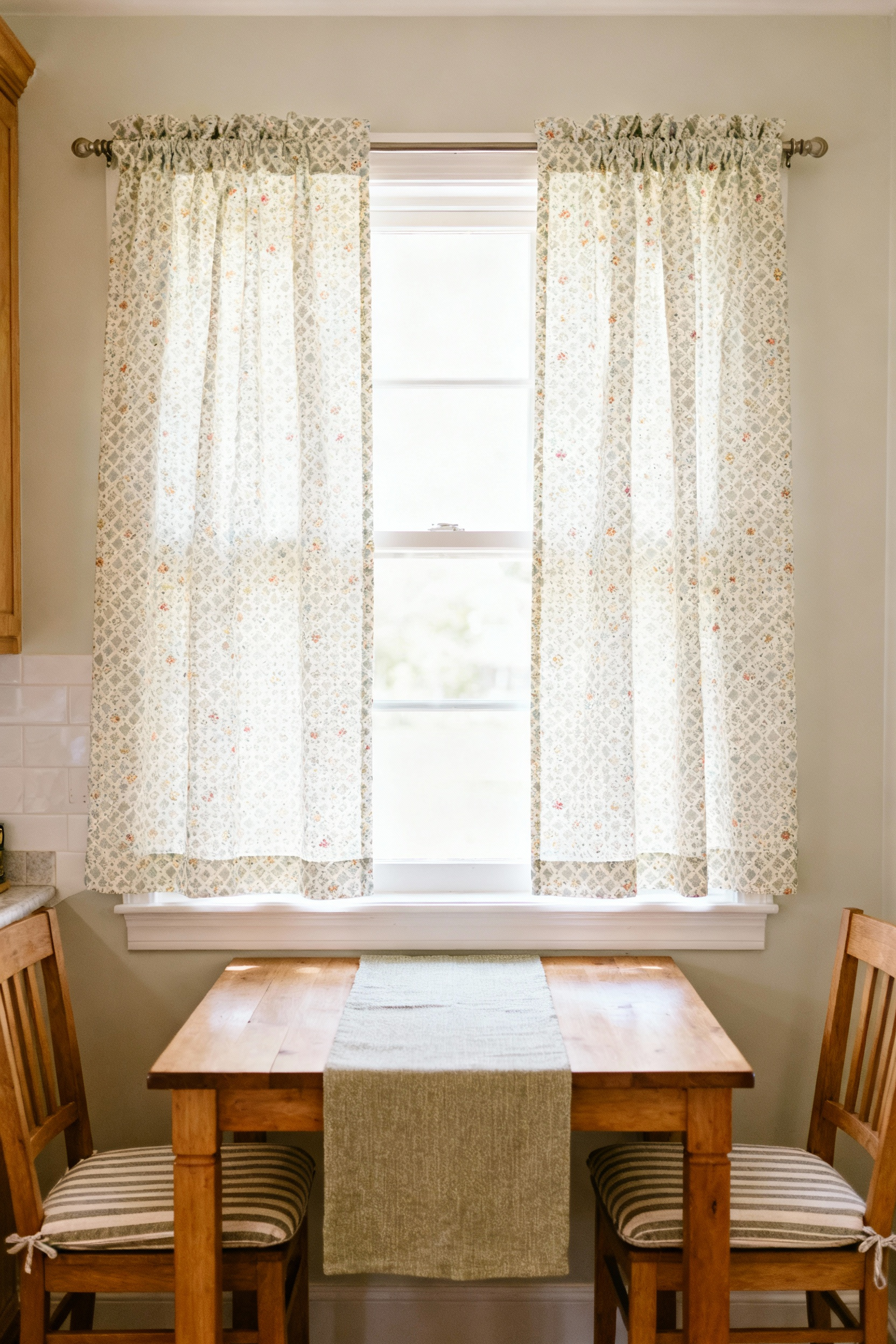 Kitchen nook featuring budget-friendly decor using resourceful textile choices: patterned cafe curtains, a repurposed scarf table runner, and custom chair cushions, showcasing a cozy and personalized atmosphere.