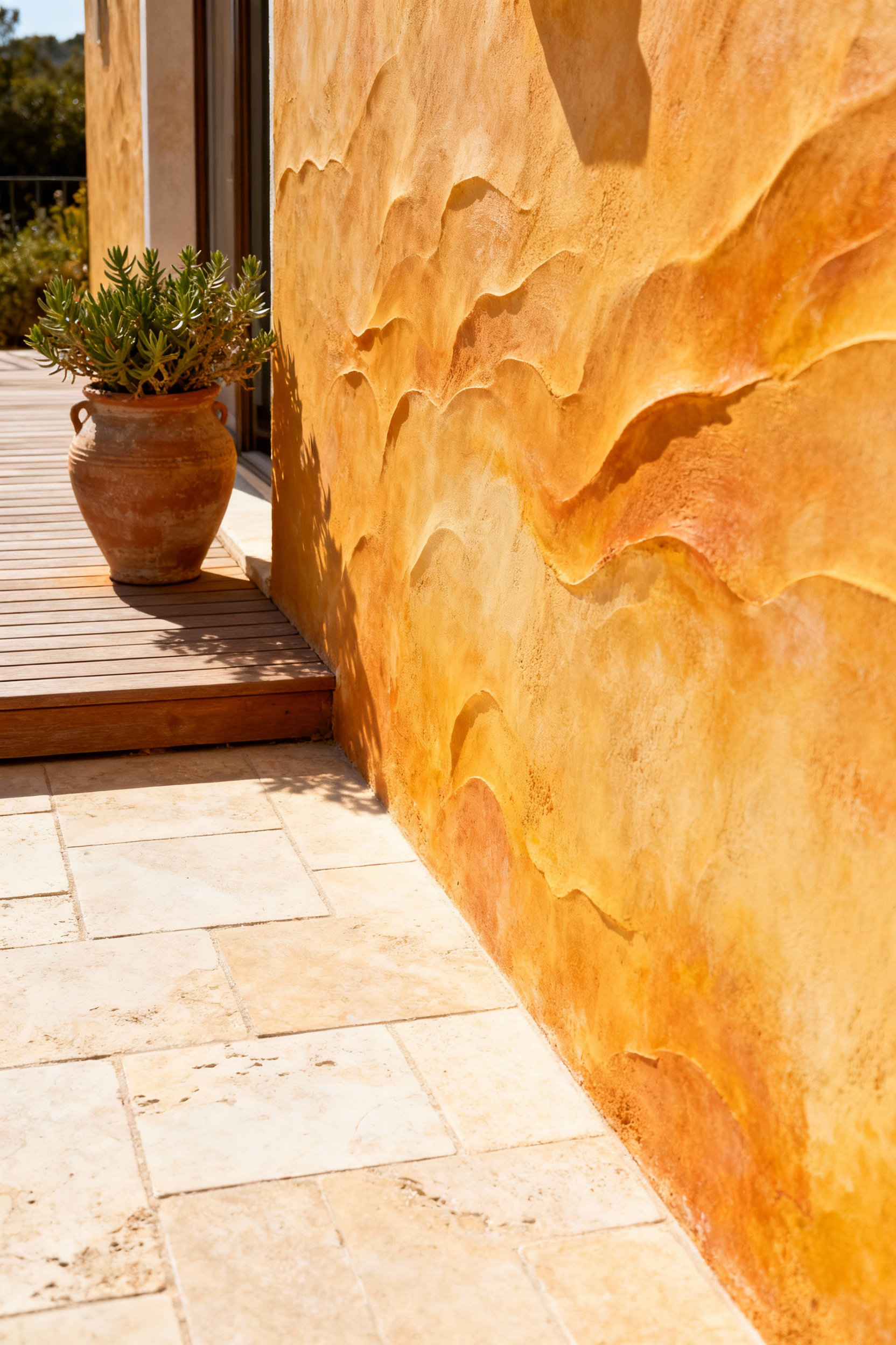 Exterior wall with ochre textural plaster finish next to a limestone deck, Mediterranean style, no people.