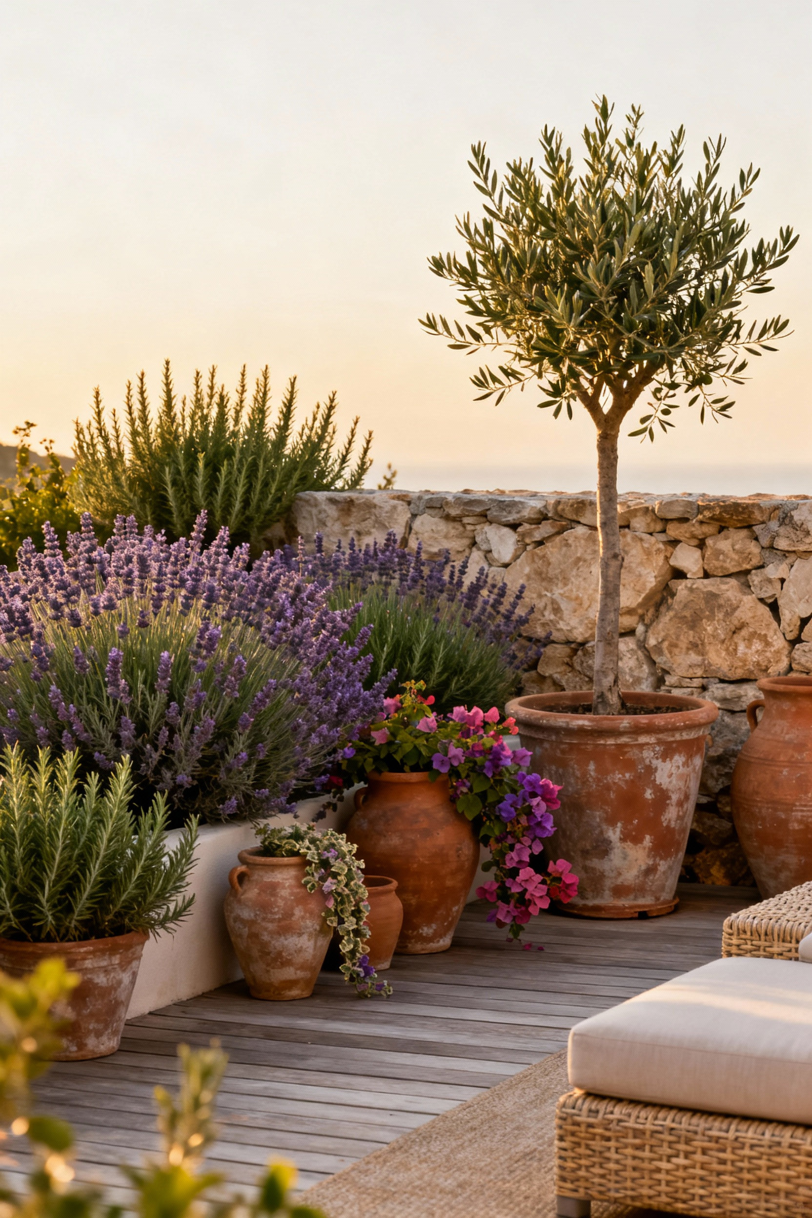 Portrait image of a beautiful deck featuring biophilic design with Mediterranean flora, including lavender, olive tree, and bougainvillea in terracotta pots under warm sunlight.