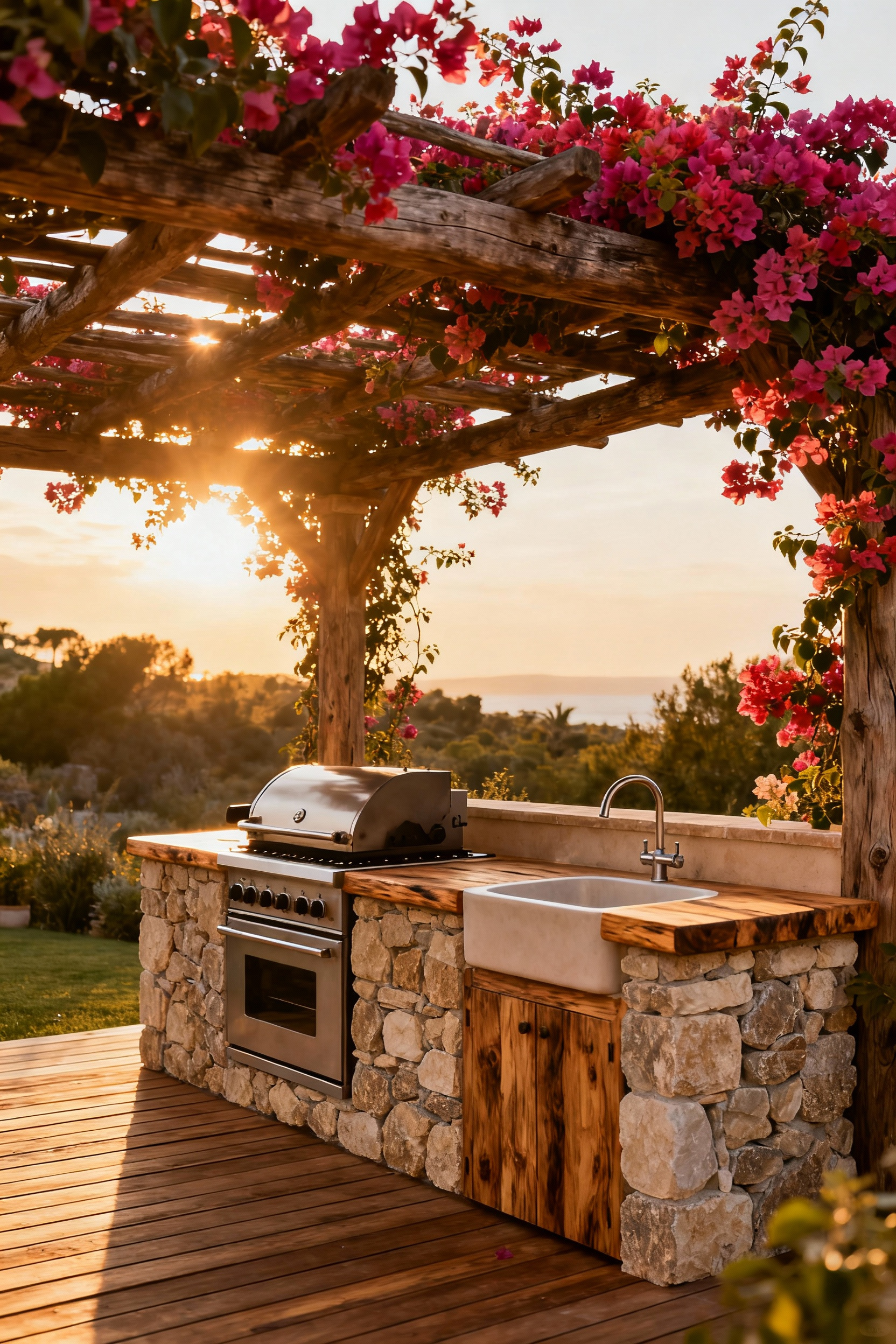 Mediterranean-style outdoor kitchen on a deck with stone facade, timber counters, sink, and bougainvillea-draped pergola under golden hour lighting.