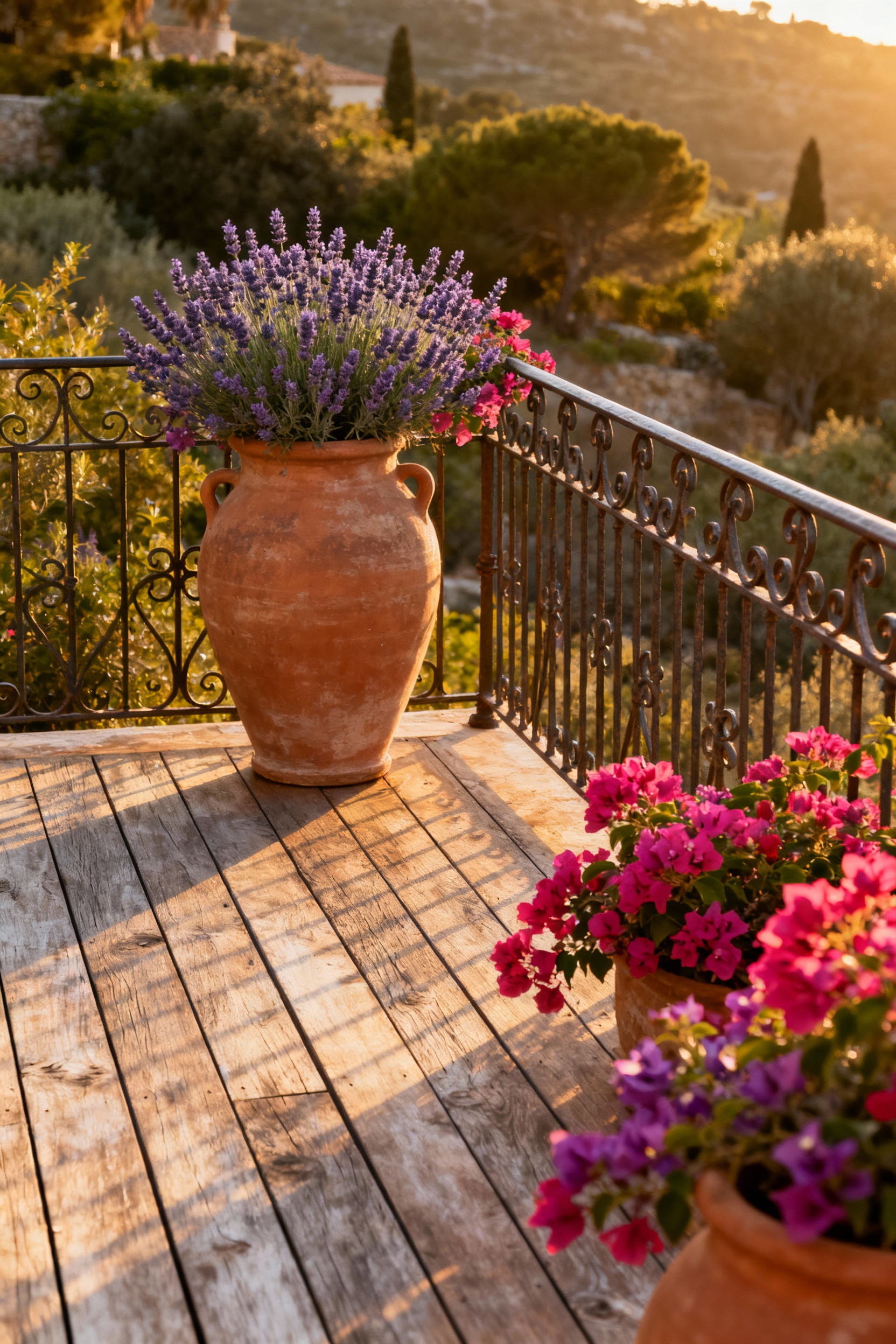 Mediterranean deck with large terracotta planters filled with lavender and bougainvillea, elegant wrought-iron railings, sunny outdoor living space.