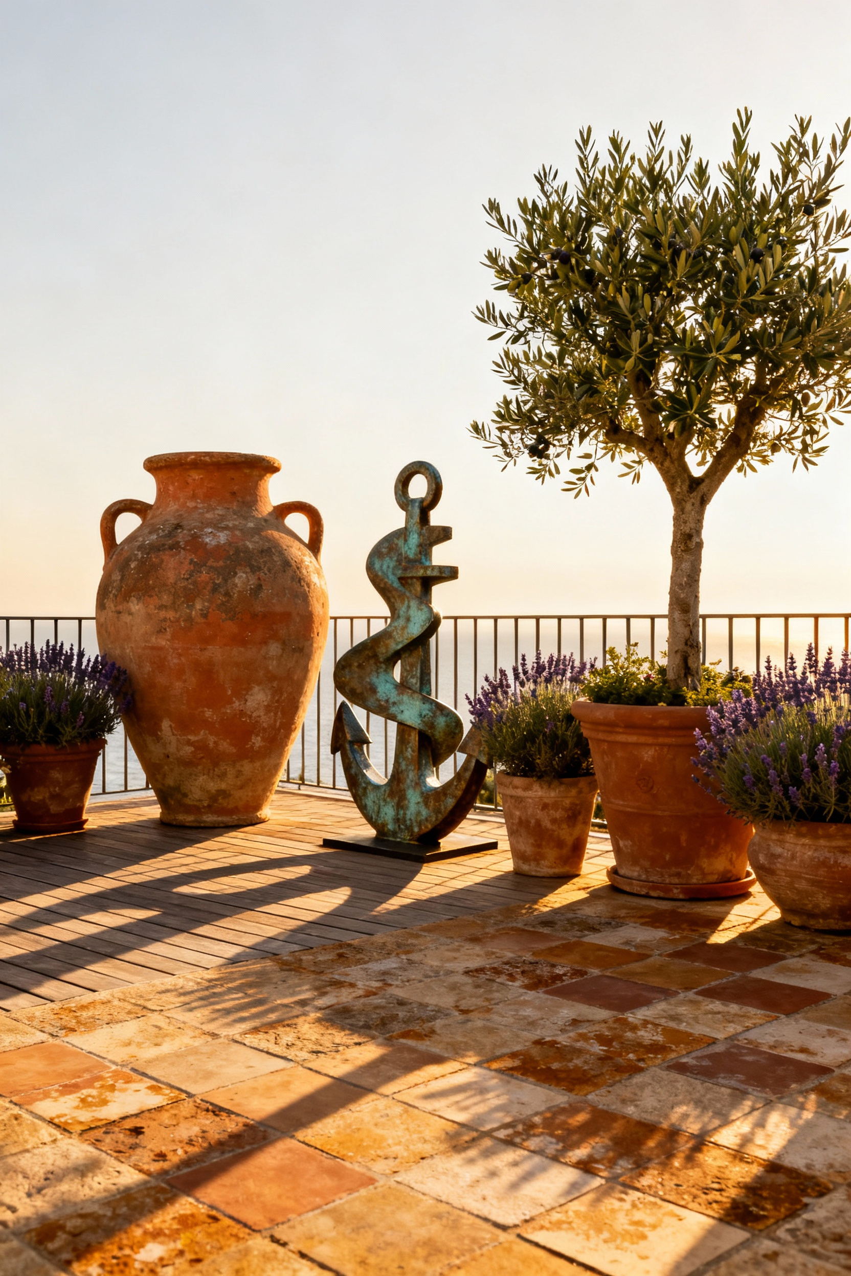 A Mediterranean deck scene with a large terracotta amphora and an abstract bronze sculpture, surrounded by olive trees and lavender. Golden hour light creates a serene atmosphere.