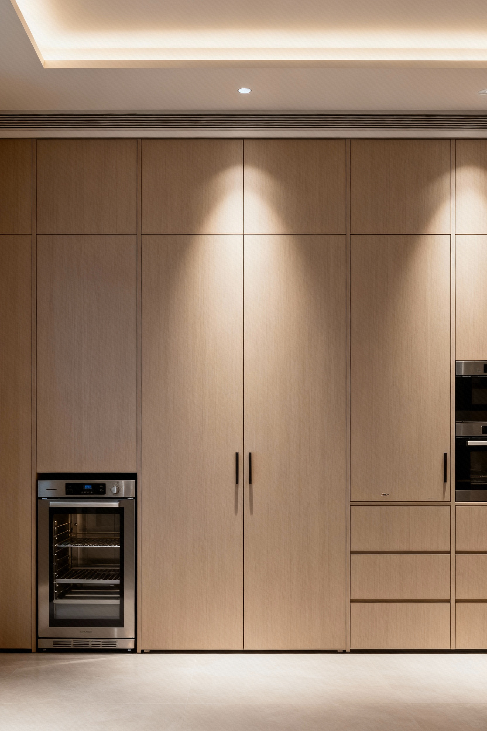 Luxury laundry room with integrated drying and garment care systems, custom cabinetry concealing advanced appliances, subtle architectural lighting.