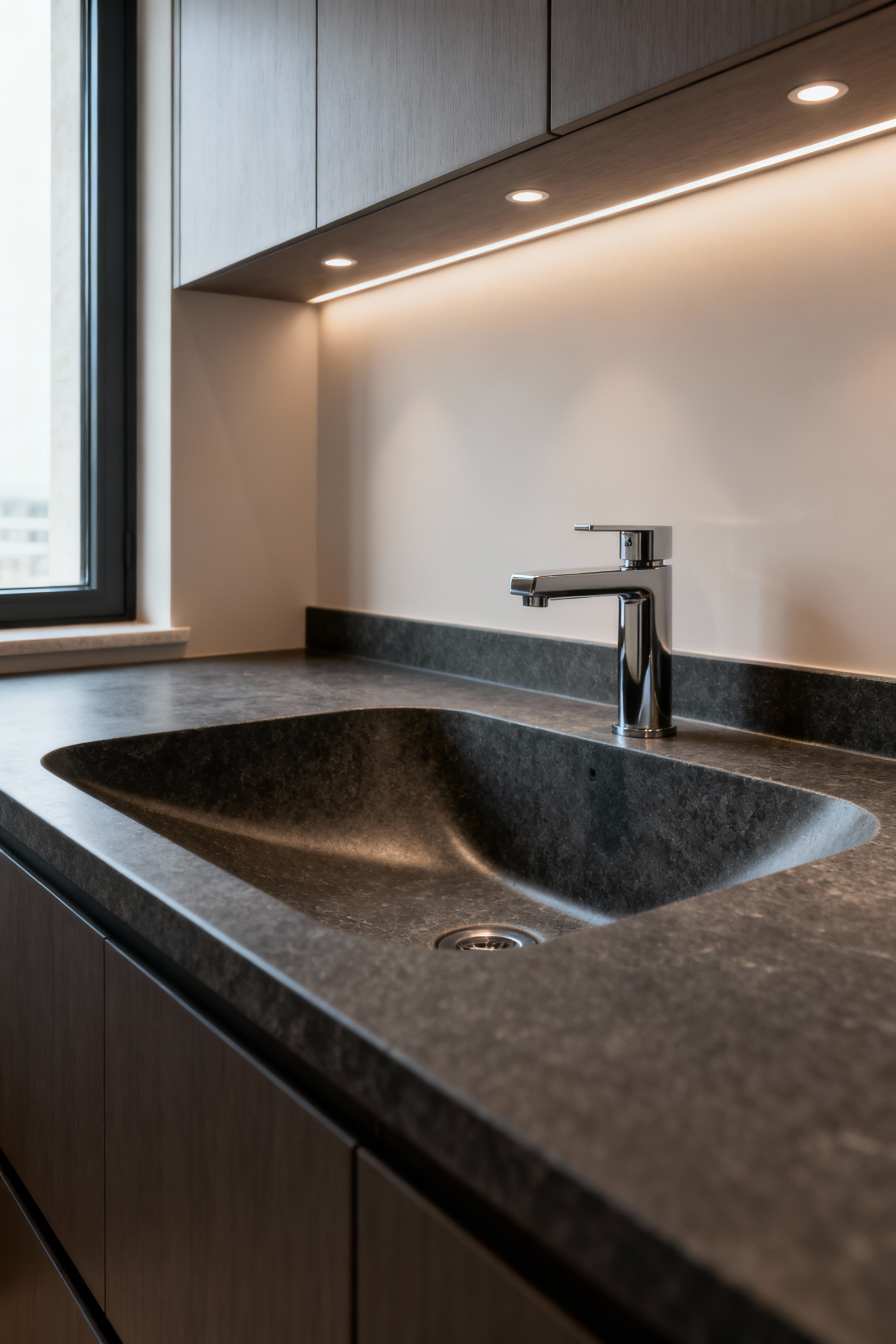 A luxury laundry room featuring a custom-designed, honed soapstone bespoke basin, showcasing elegant craftsmanship and modern utility.