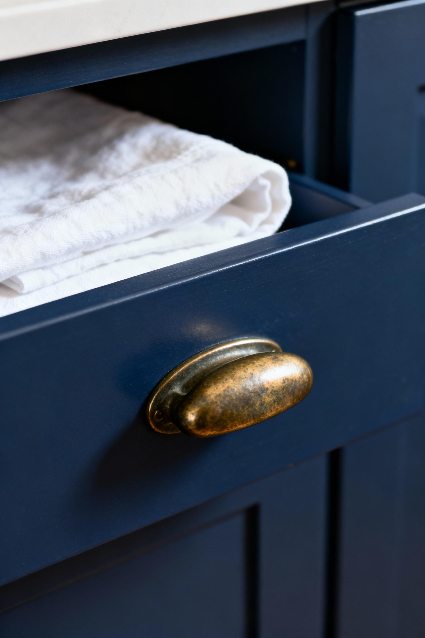 Close-up portrait view of a finely crafted, solid forged brass drawer pull with a patinated finish on a luxury laundry cabinet, highlighting tactile elegance.